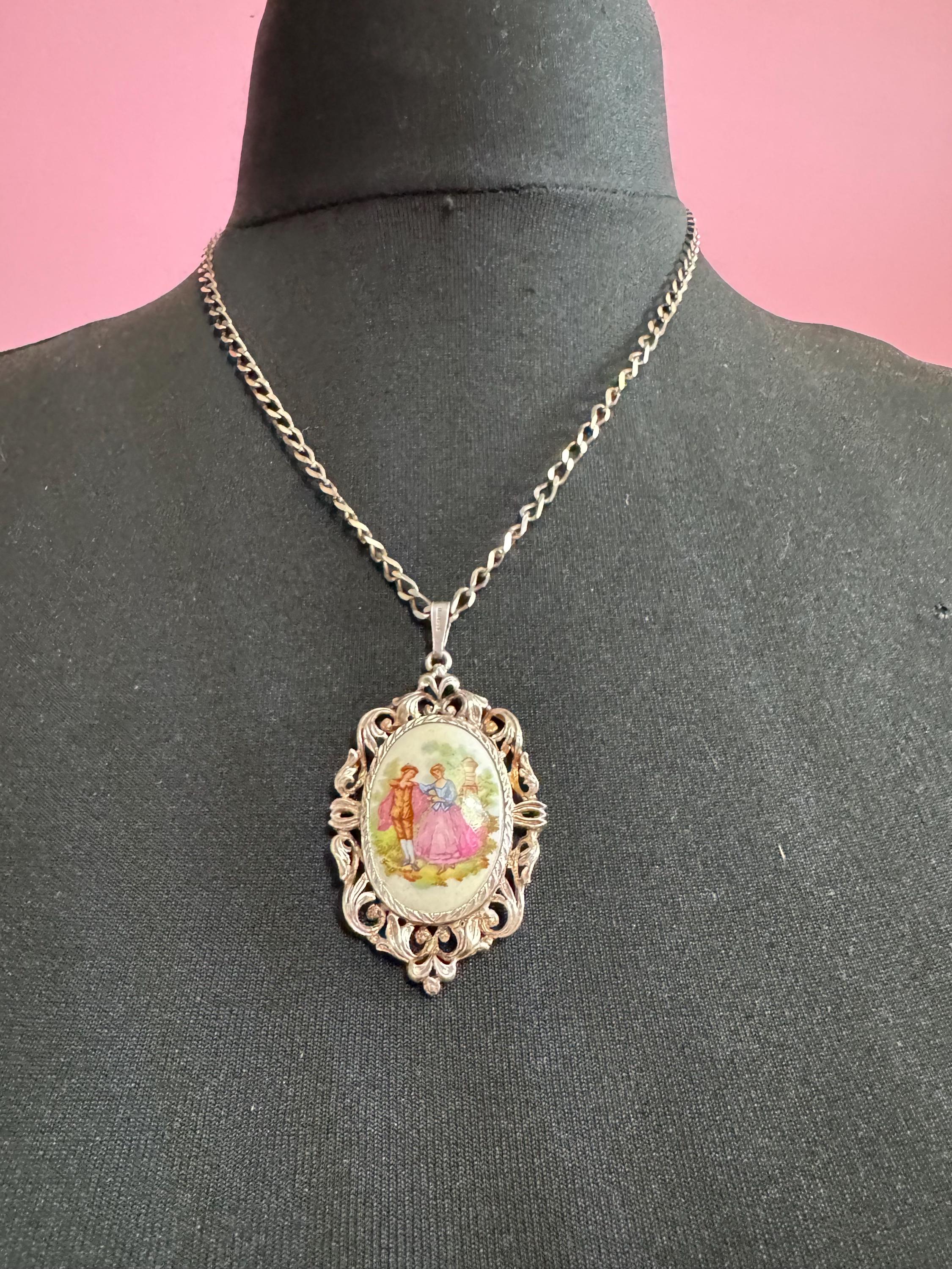 Vintage Limoges Porcelain Pendant Necklace, 925 Sterling Silver Chain
