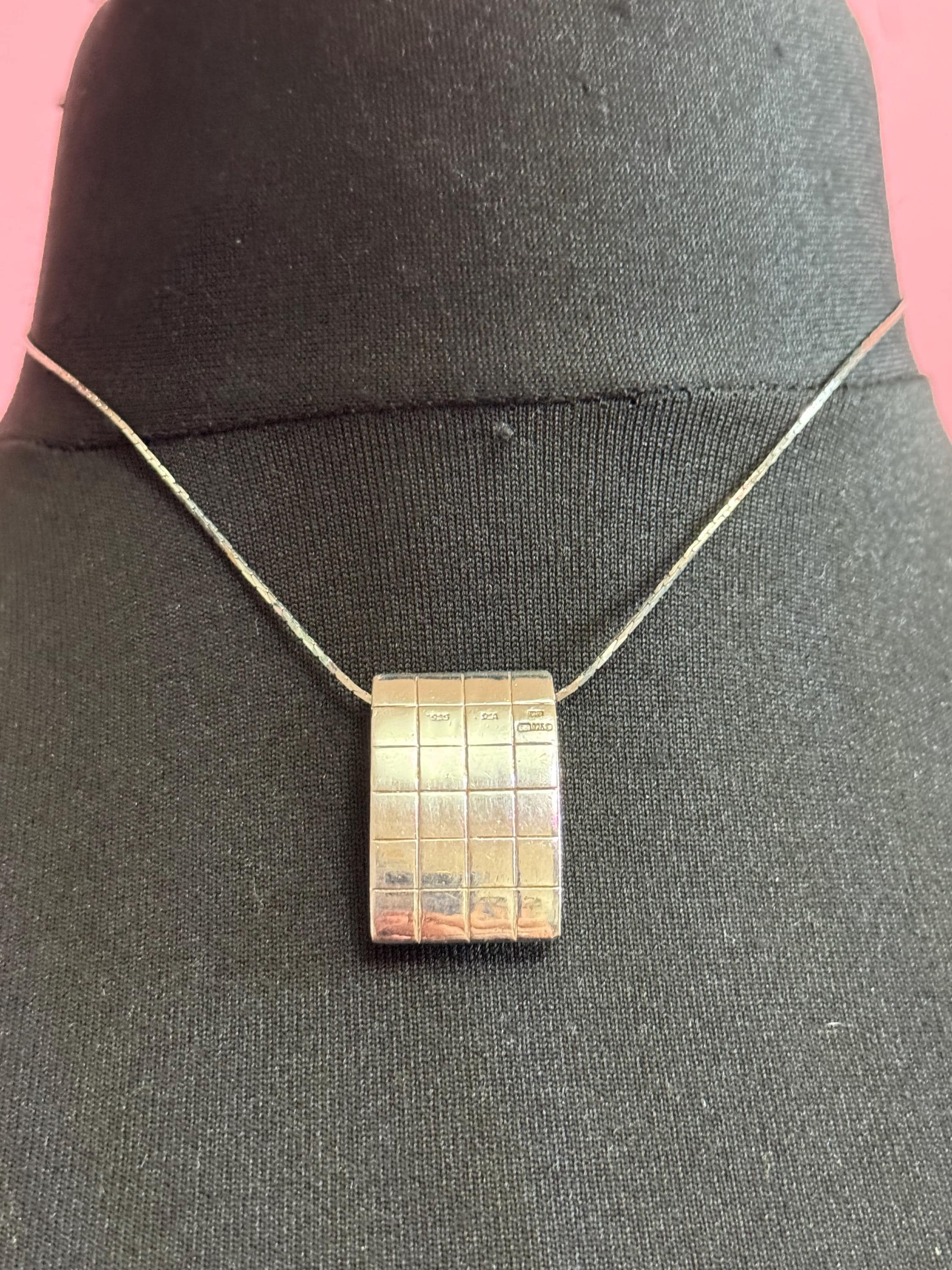 Modernist Sterling Silver Pendant Necklace: Rectangular Grid Design
