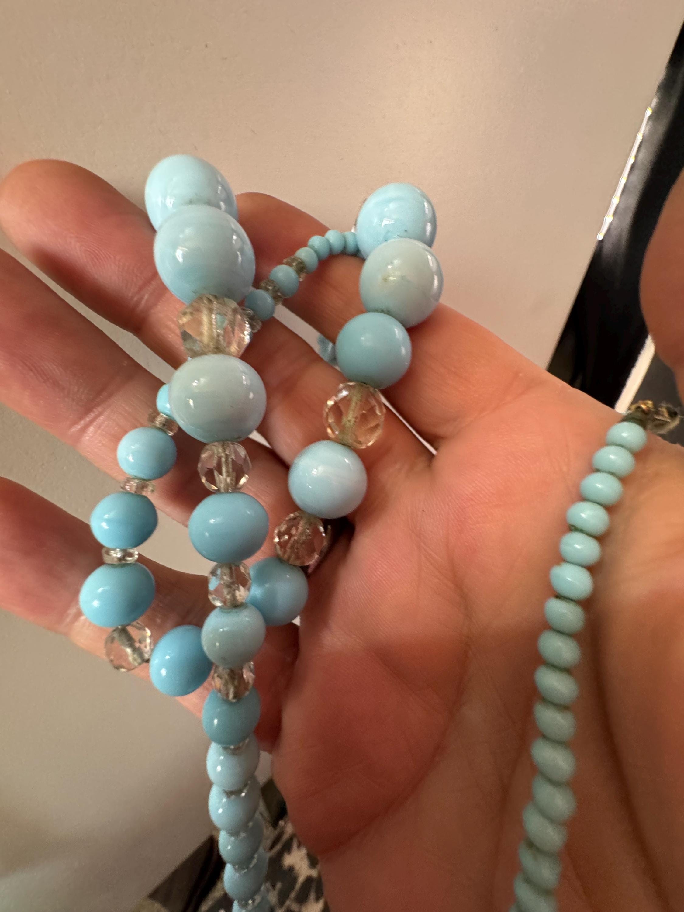 CIRO Antique ice blue Czech moulded glass beaded necklace, 9ct gold clasp