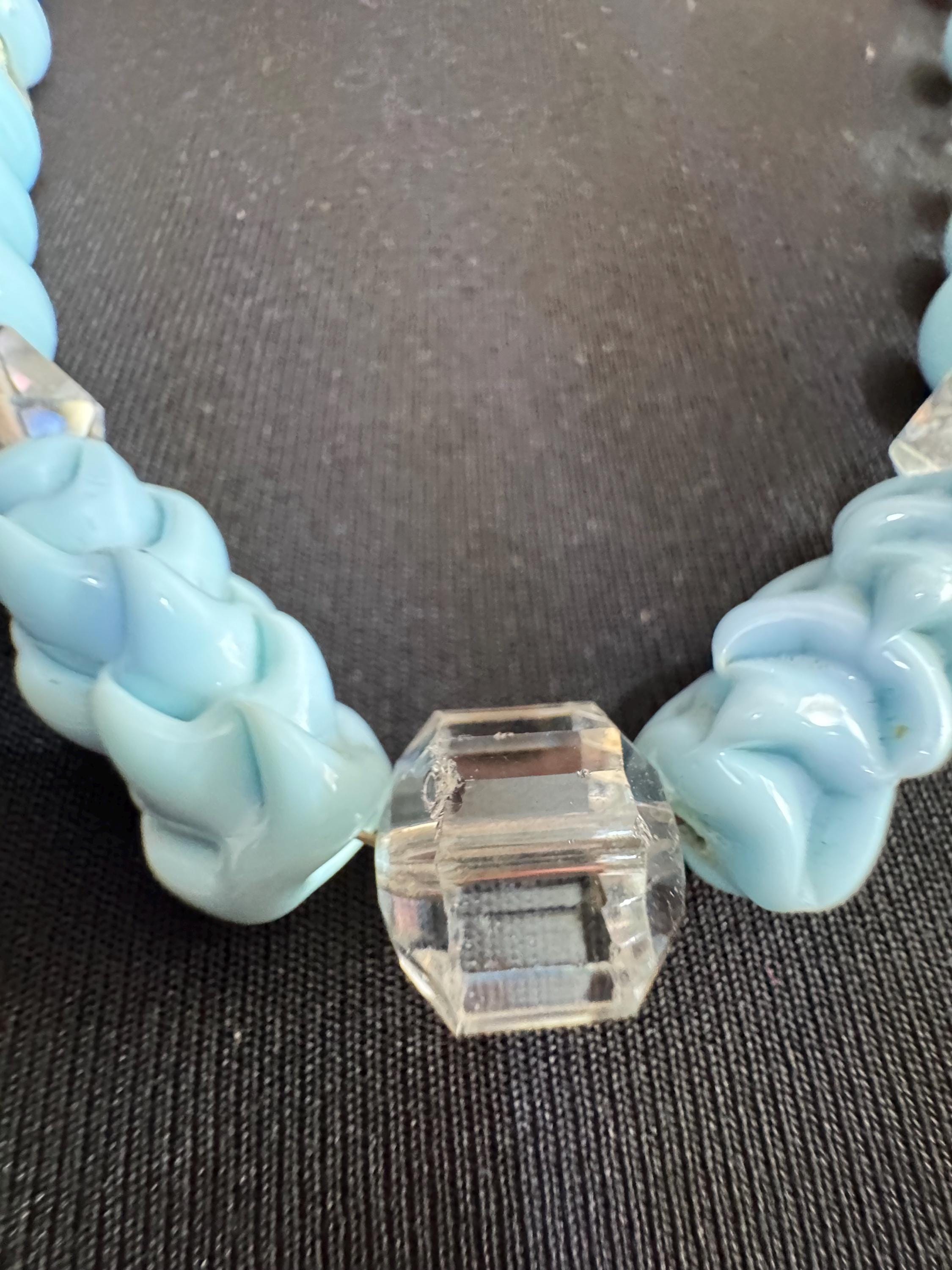 CIRO Antique ice blue Czech moulded glass beaded necklace, 9ct gold clasp