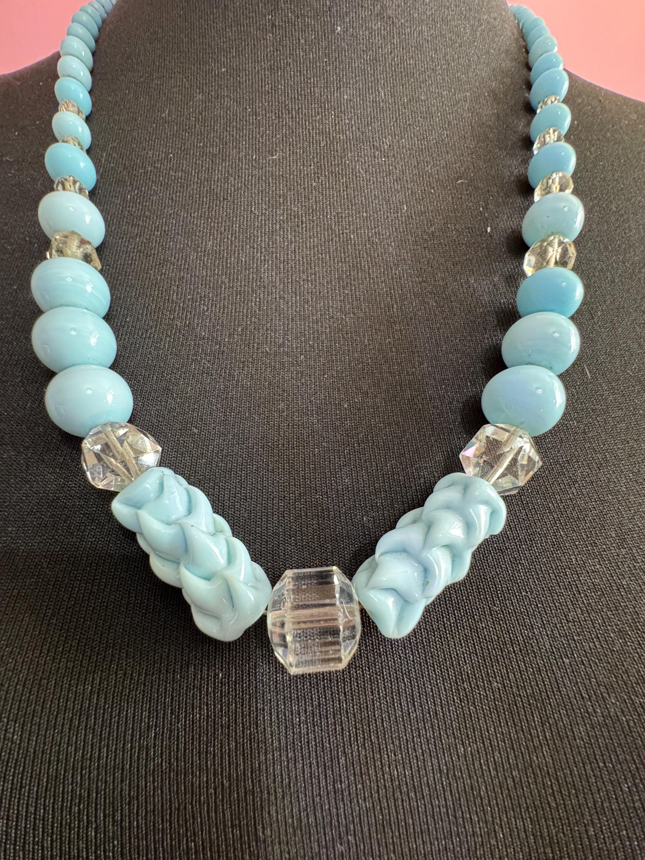 CIRO Antique ice blue Czech moulded glass beaded necklace, 9ct gold clasp