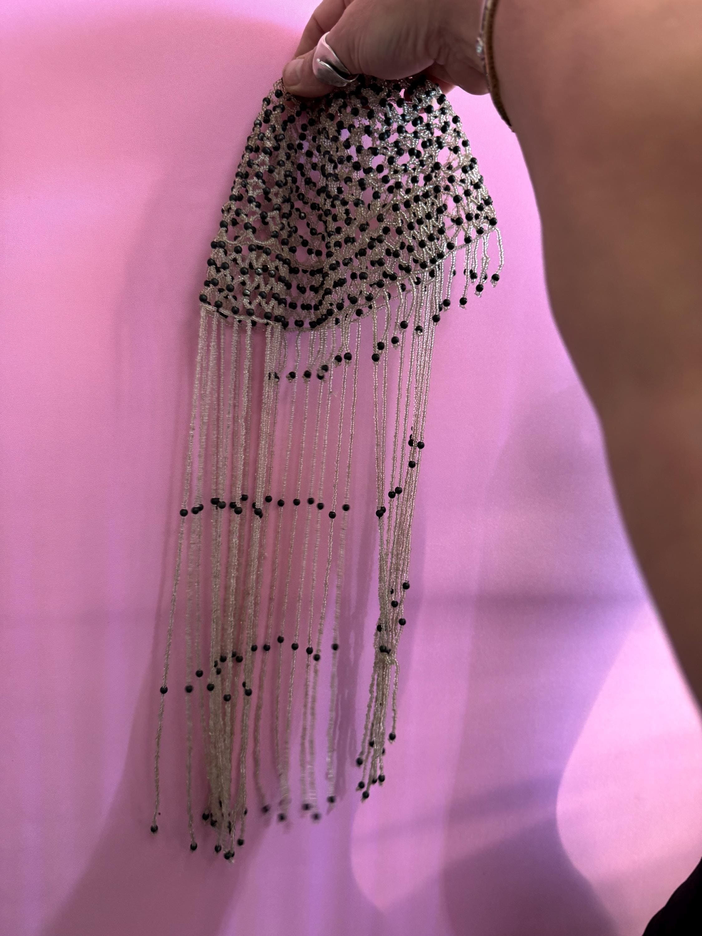 Vintage silver and black head piece bead cloche headress, glass seed beads