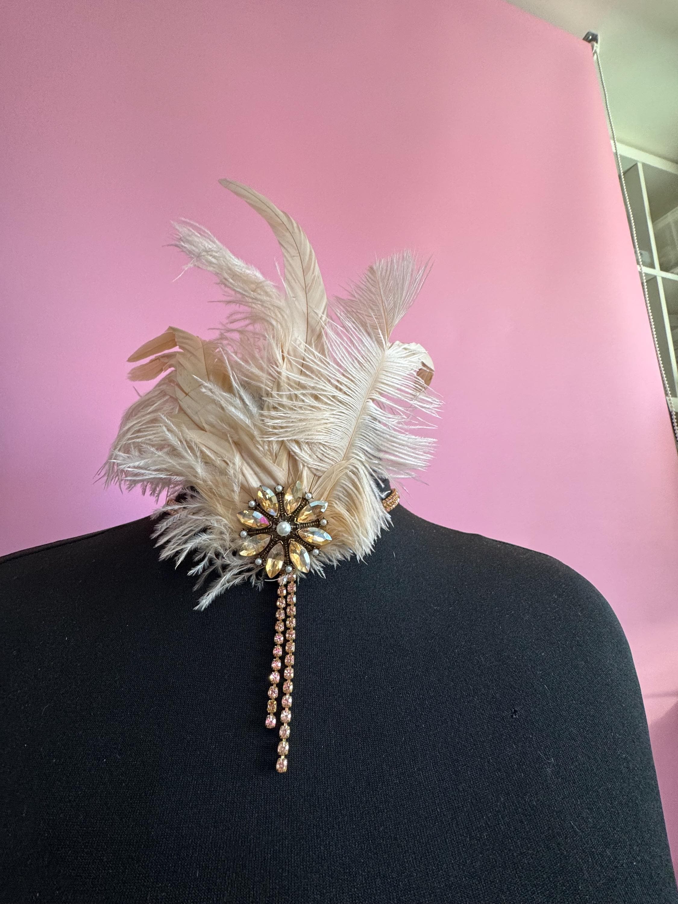 art deco style palest pink feather rhinestone headpiece , great gatsby party