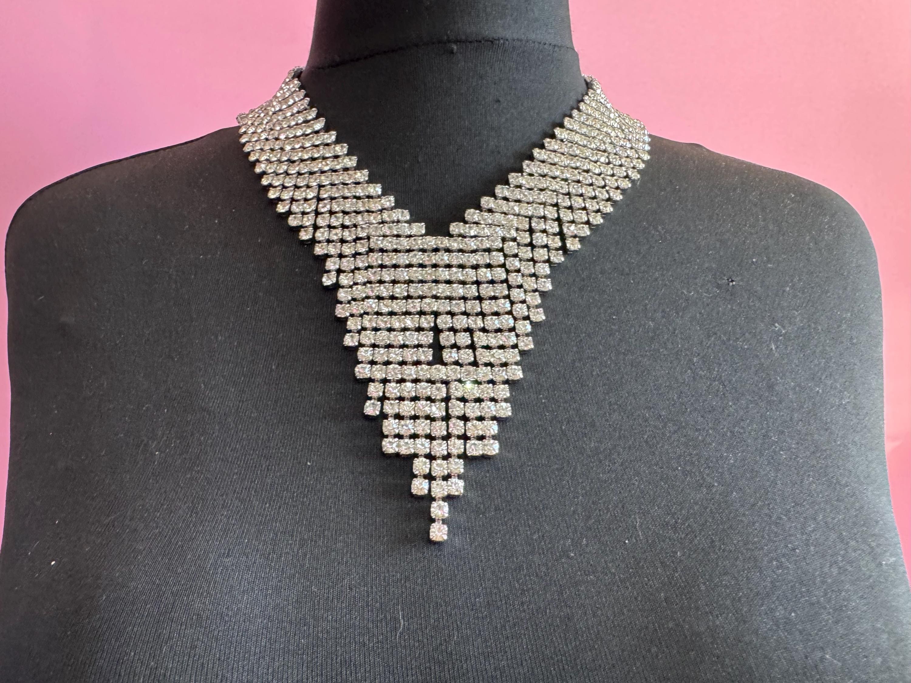 Rhinestone Fringed Bib Choker Necklace, Party Wear (48cm)