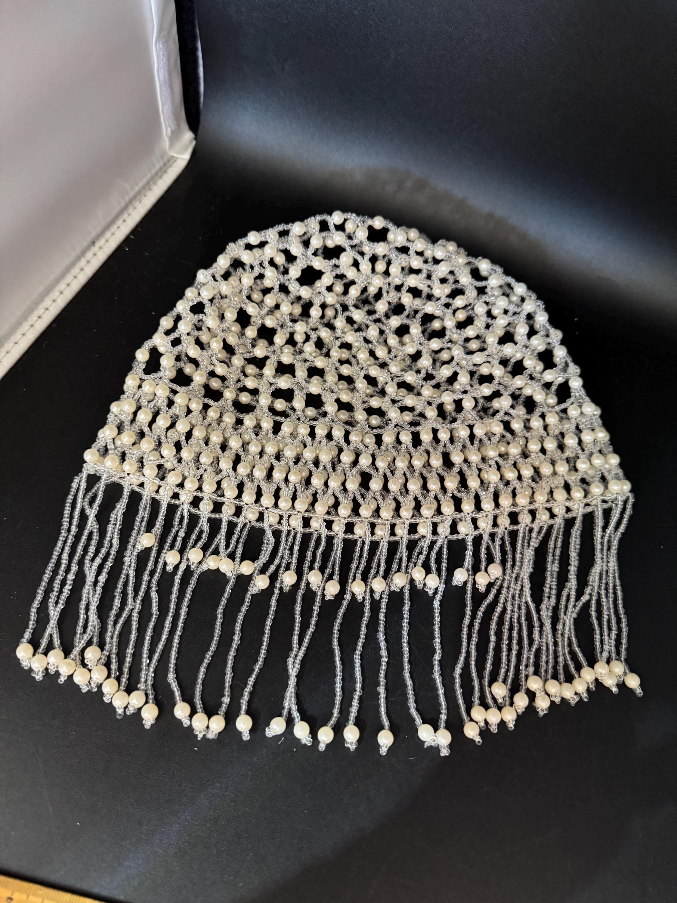 Pearl beaded head piece bead cloche headress, glass seed beads