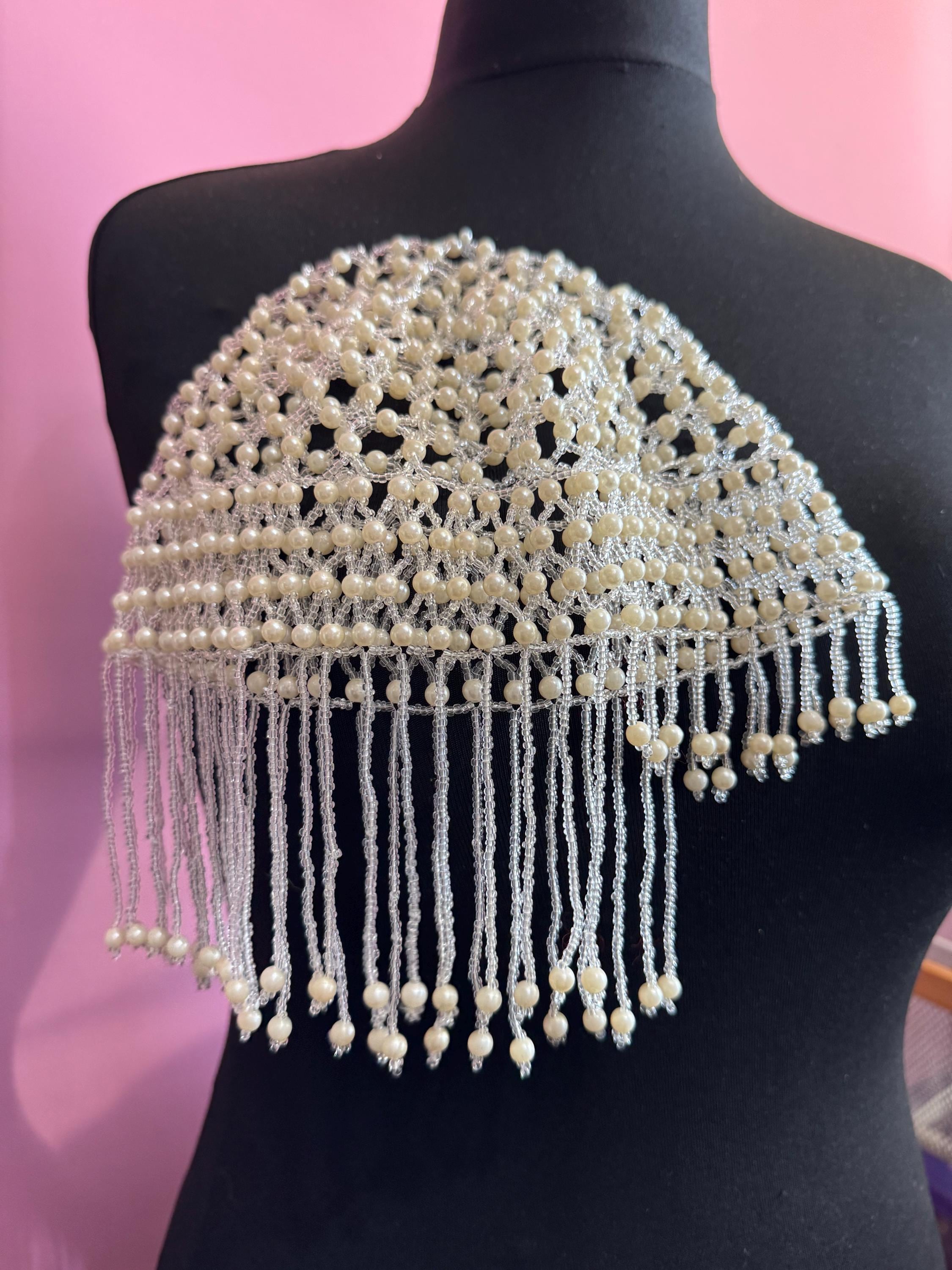 Pearl beaded head piece bead cloche headress, glass seed beads