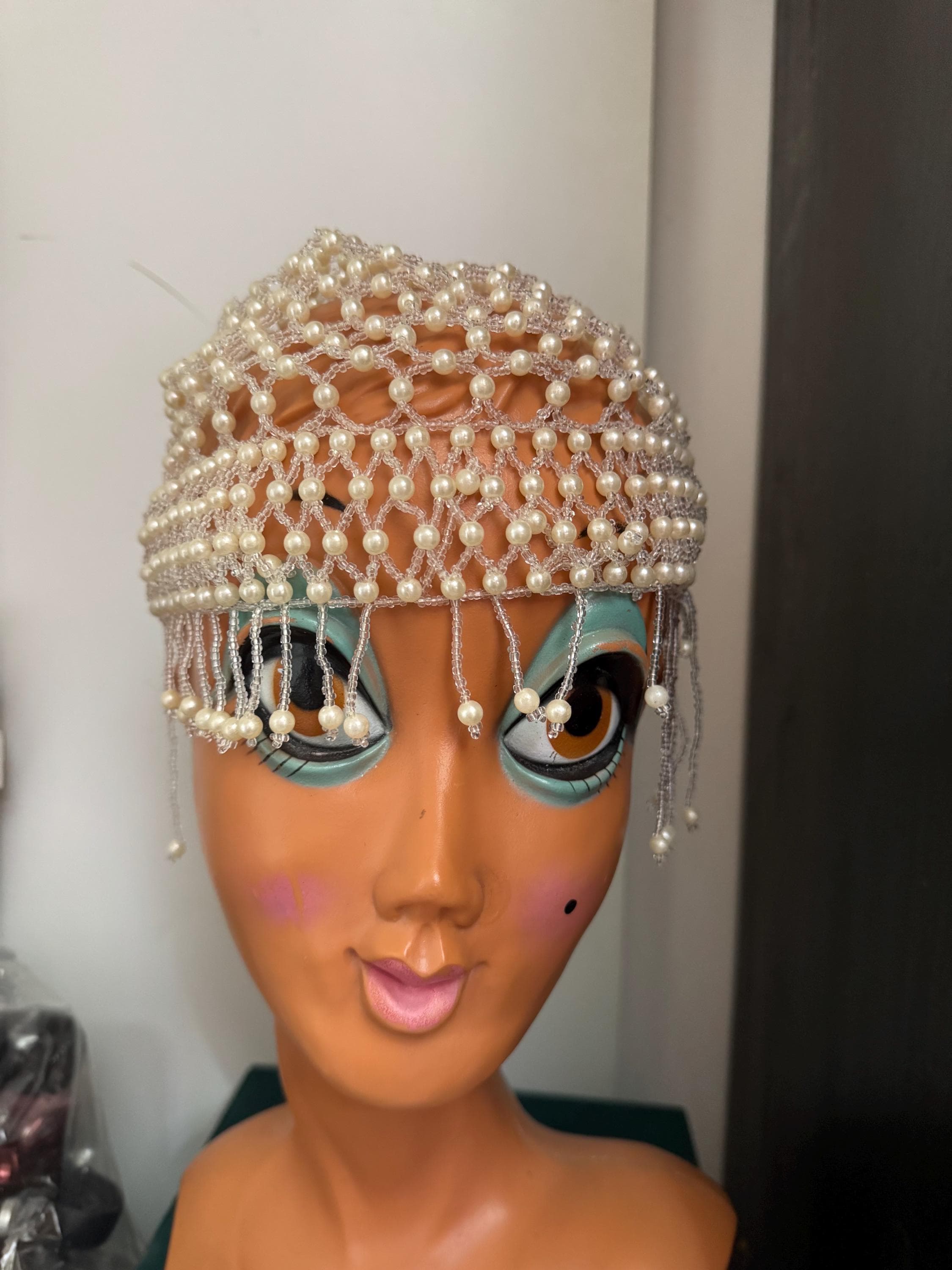 Pearl beaded head piece bead cloche headress, glass seed beads