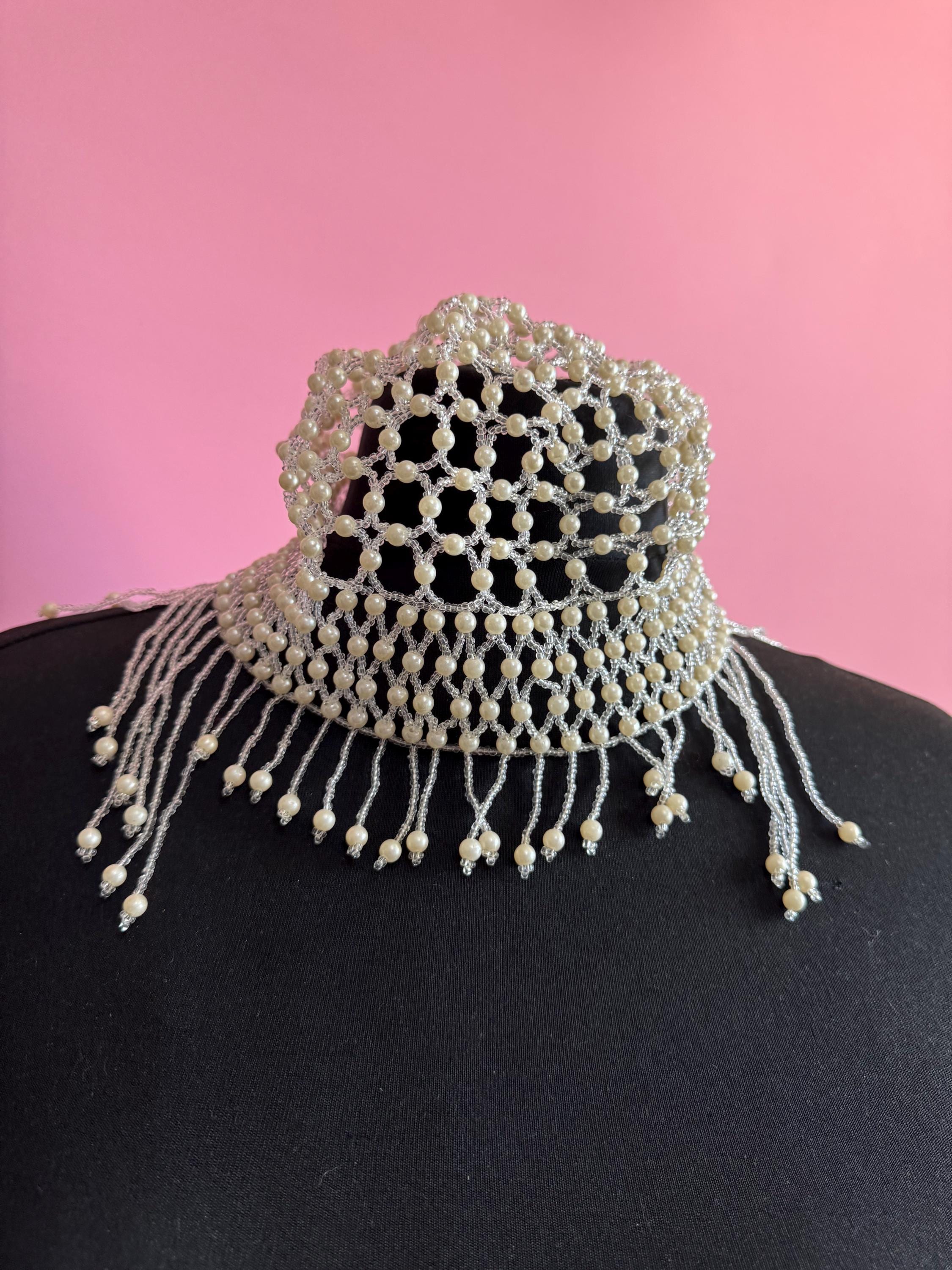 Pearl beaded head piece bead cloche headress, glass seed beads
