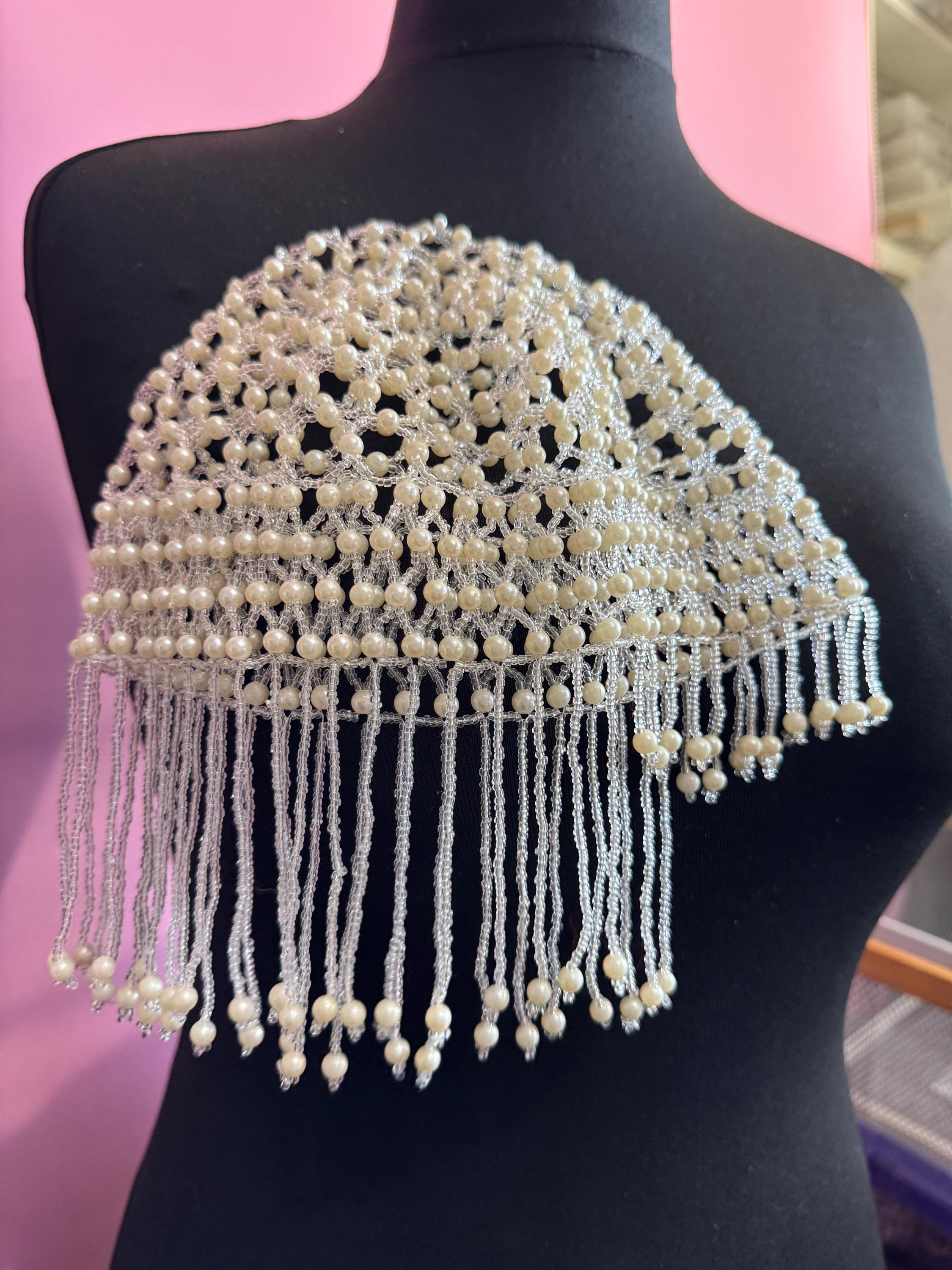 Pearl beaded head piece bead cloche headress, glass seed beads