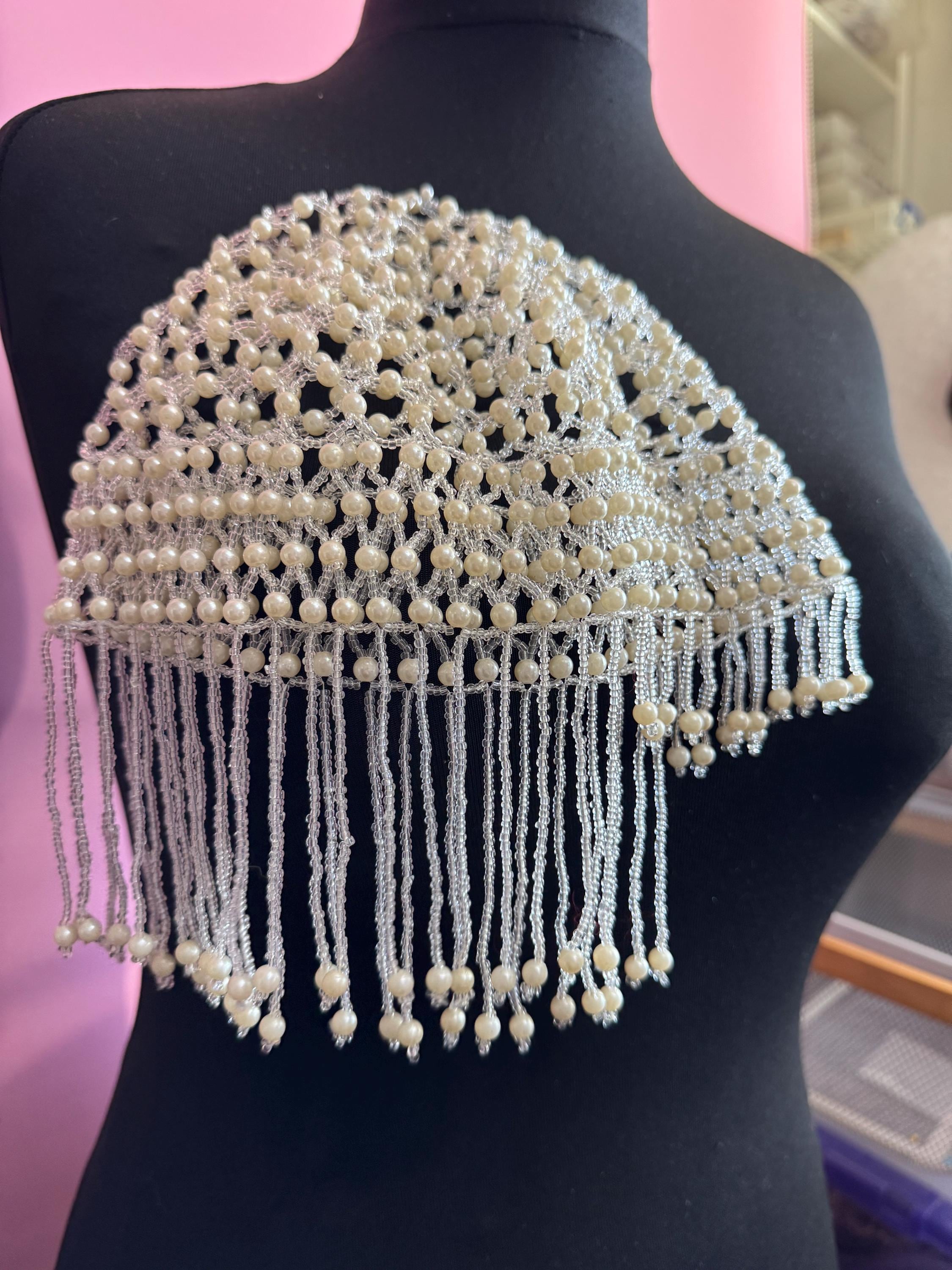 Pearl beaded head piece bead cloche headress, glass seed beads