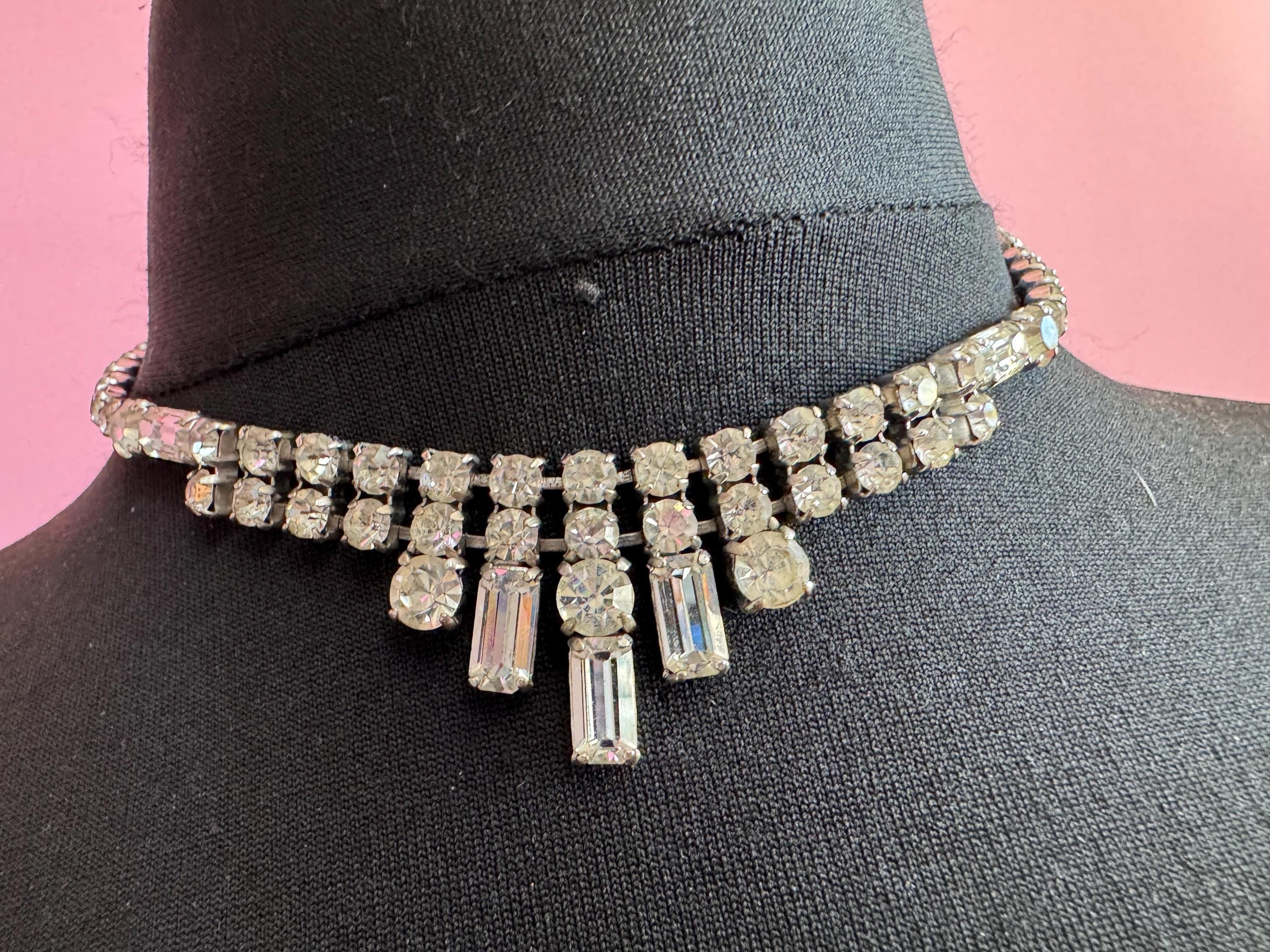 Diamanté crystal choker necklace, clear glass rhinestones, vintage