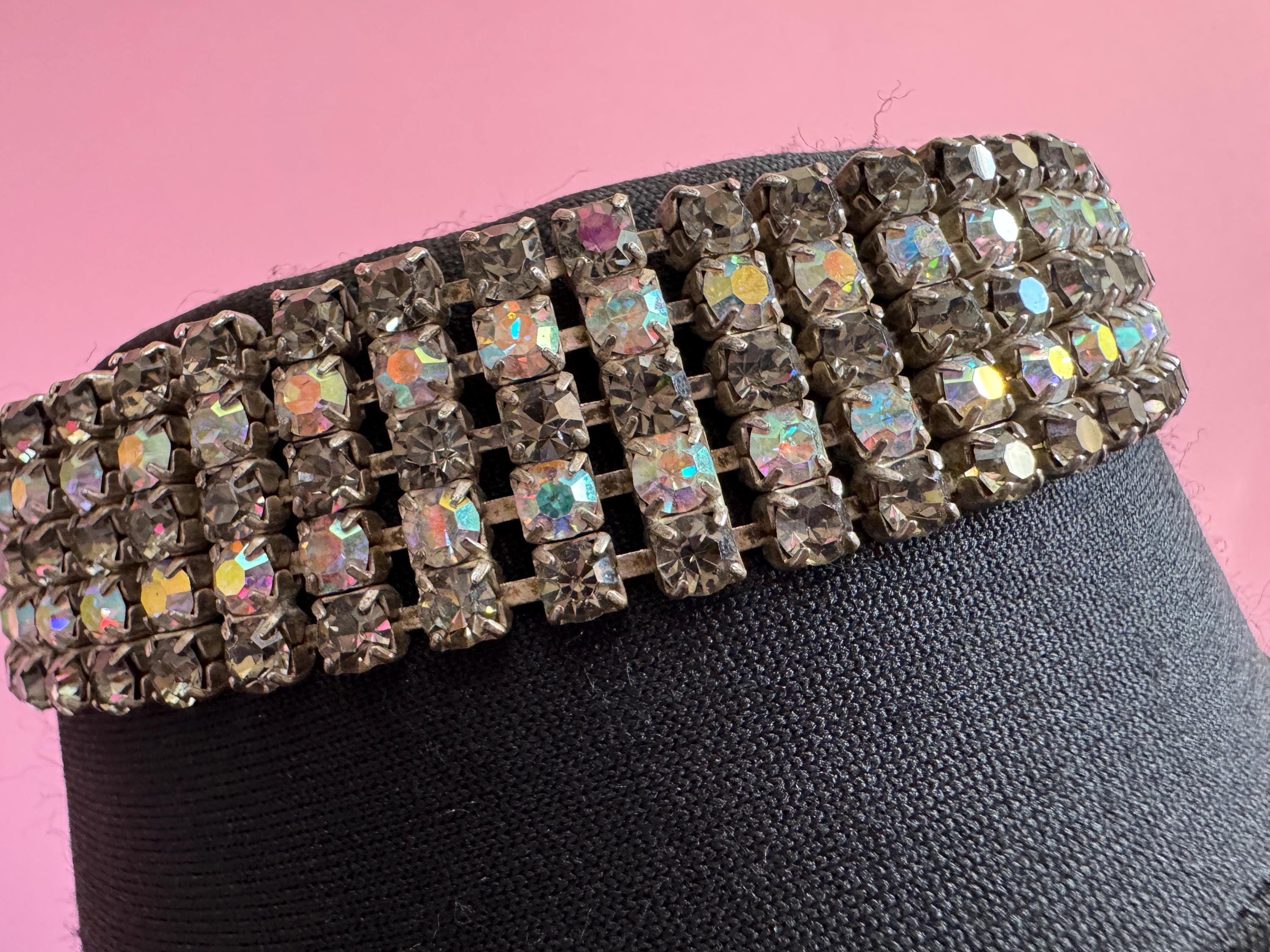 Very petite 36cm Vintage wide grey AB diamanté rhinestone crystal choker necklace