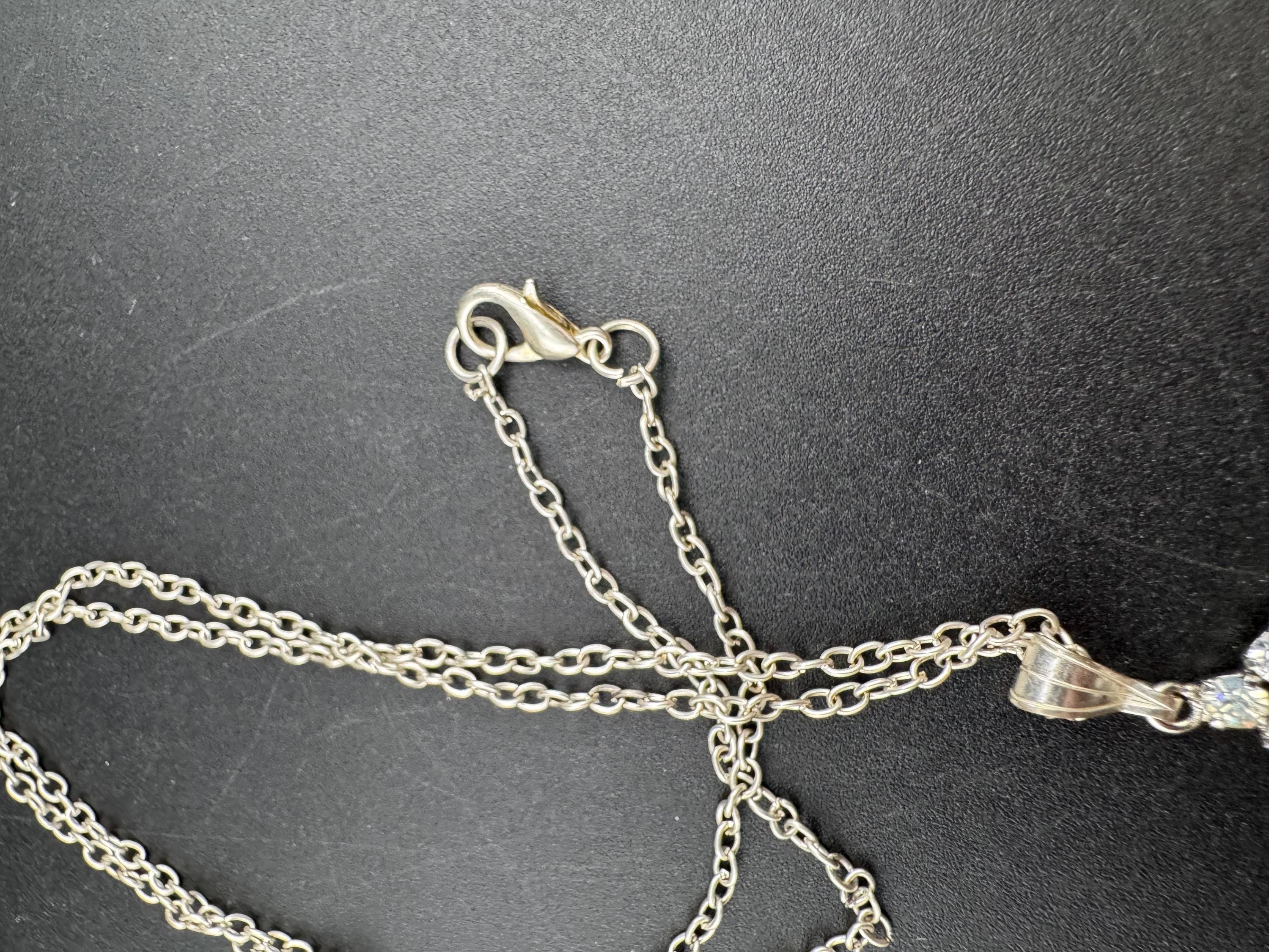 Vintage turquoise blue rhinestone pendant Necklace, silver tone chain