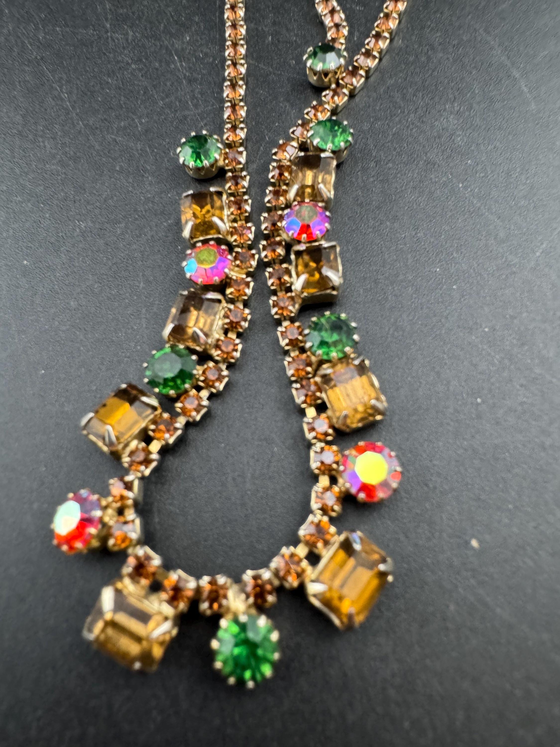 Pink green amber AB Rhinestone Choker: 1950s Gold Tone Necklace