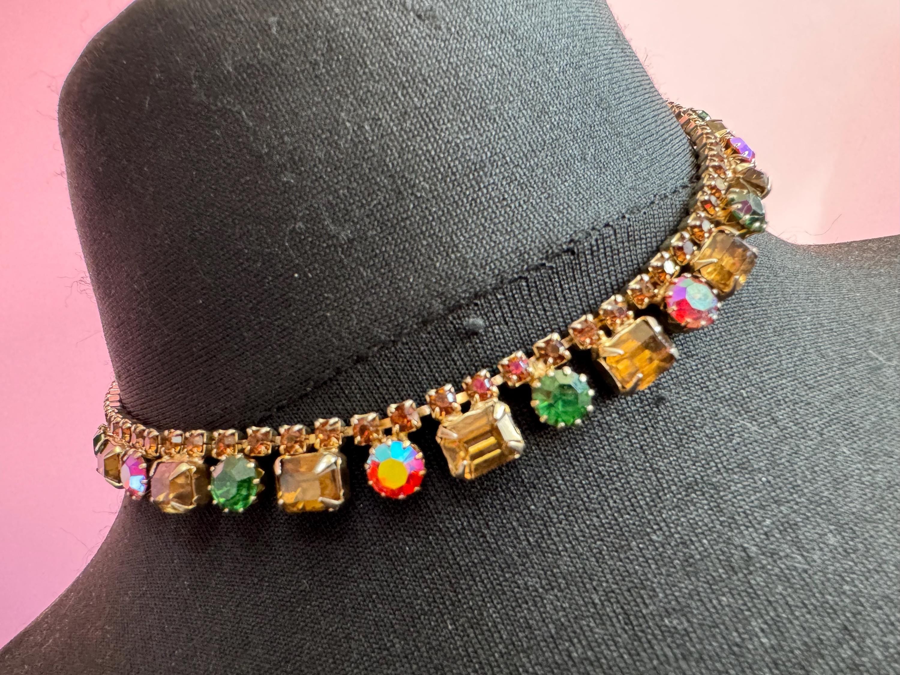 Pink green amber AB Rhinestone Choker: 1950s Gold Tone Necklace