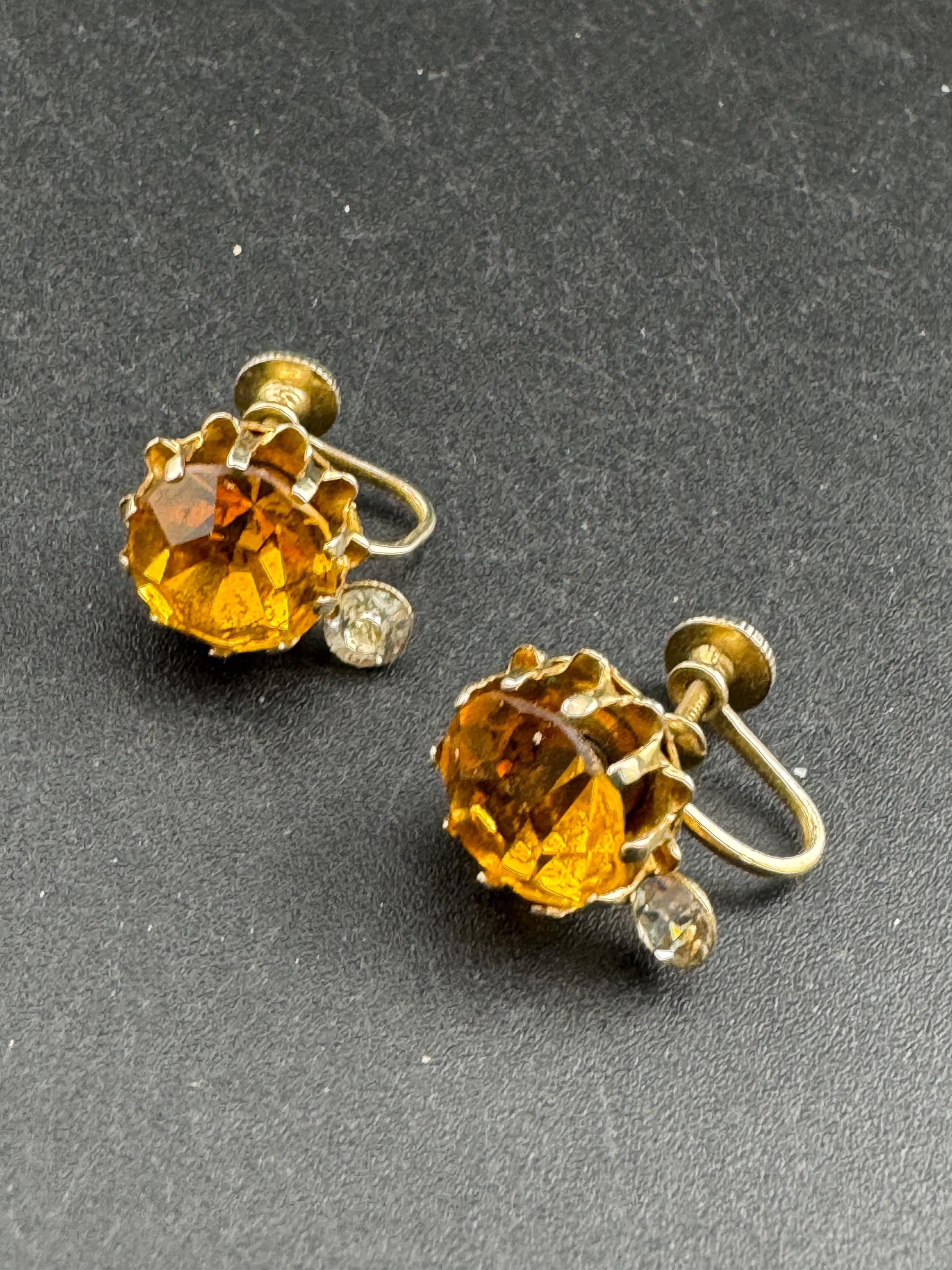 signed CORO screw back Clip ON earrings, 12mm amber glass Vintage