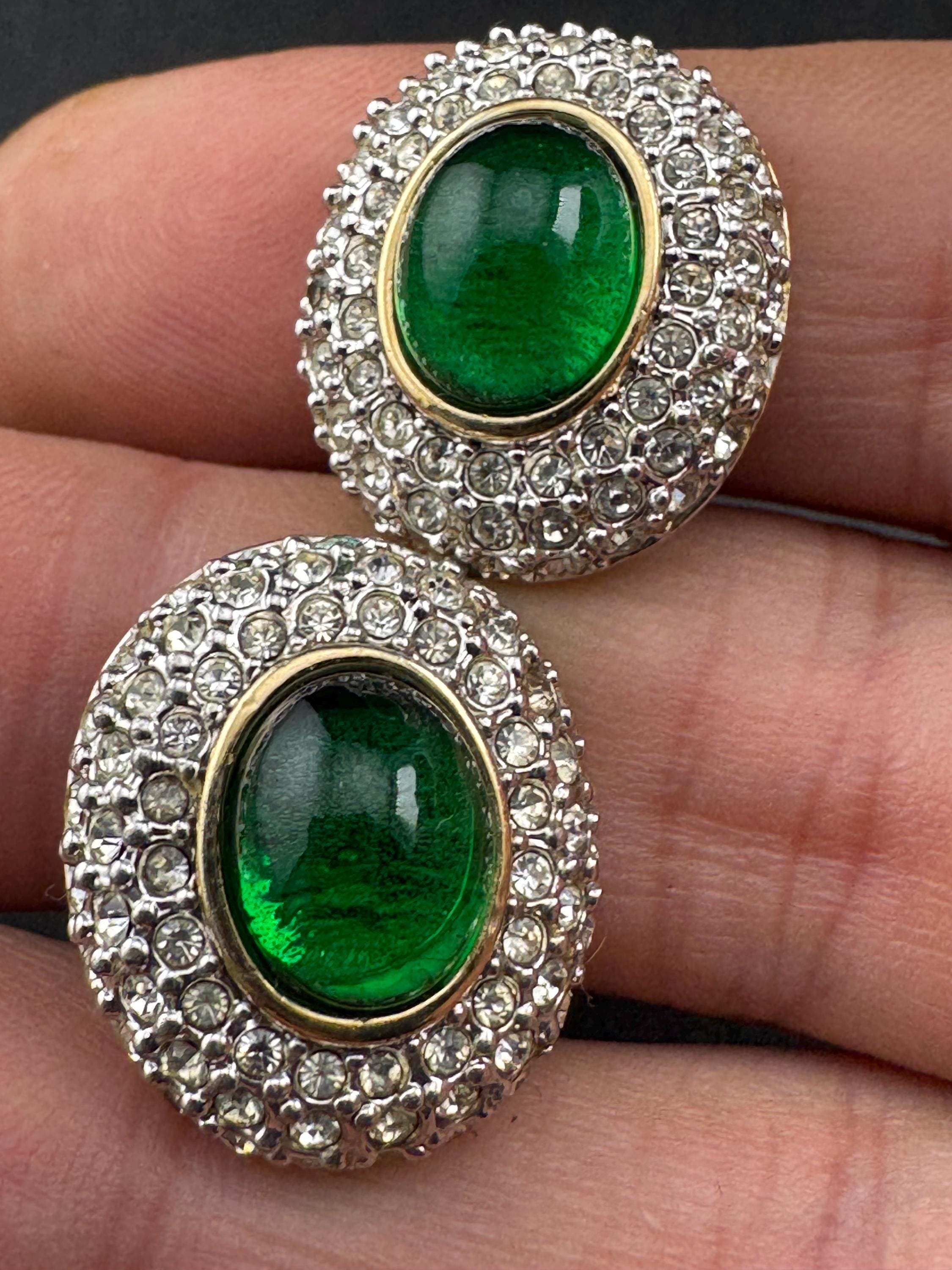 Signed BJ Vintage emerald cabochon diamanté stud clip on earrings