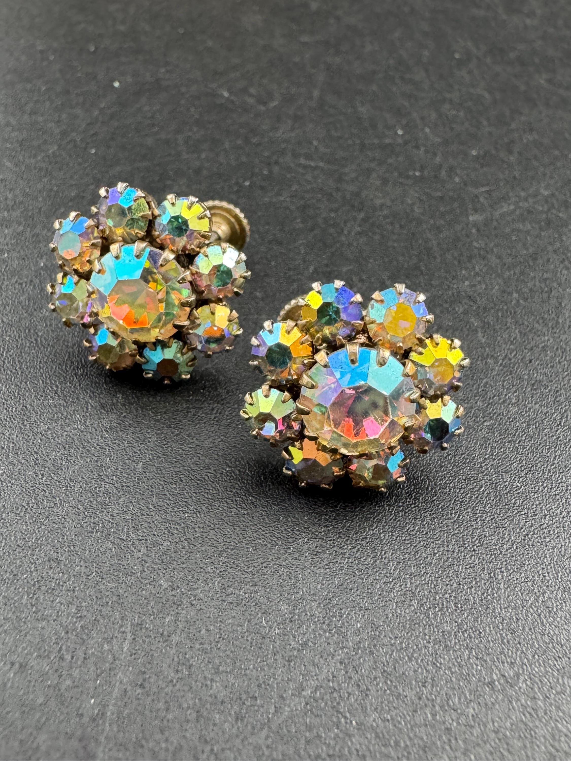 Vintage AB diamanté dainty stud screw back earrings,  Aurora borealis rhinestones 1.5cm
