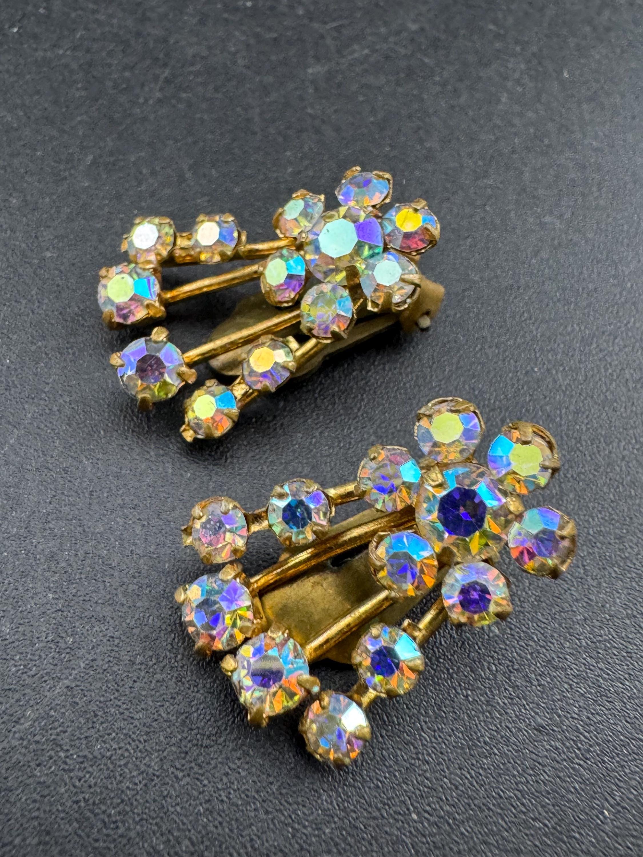 Vintage AB diamanté dainty stud Clip on earrings,  Aurora borealis rhinestones