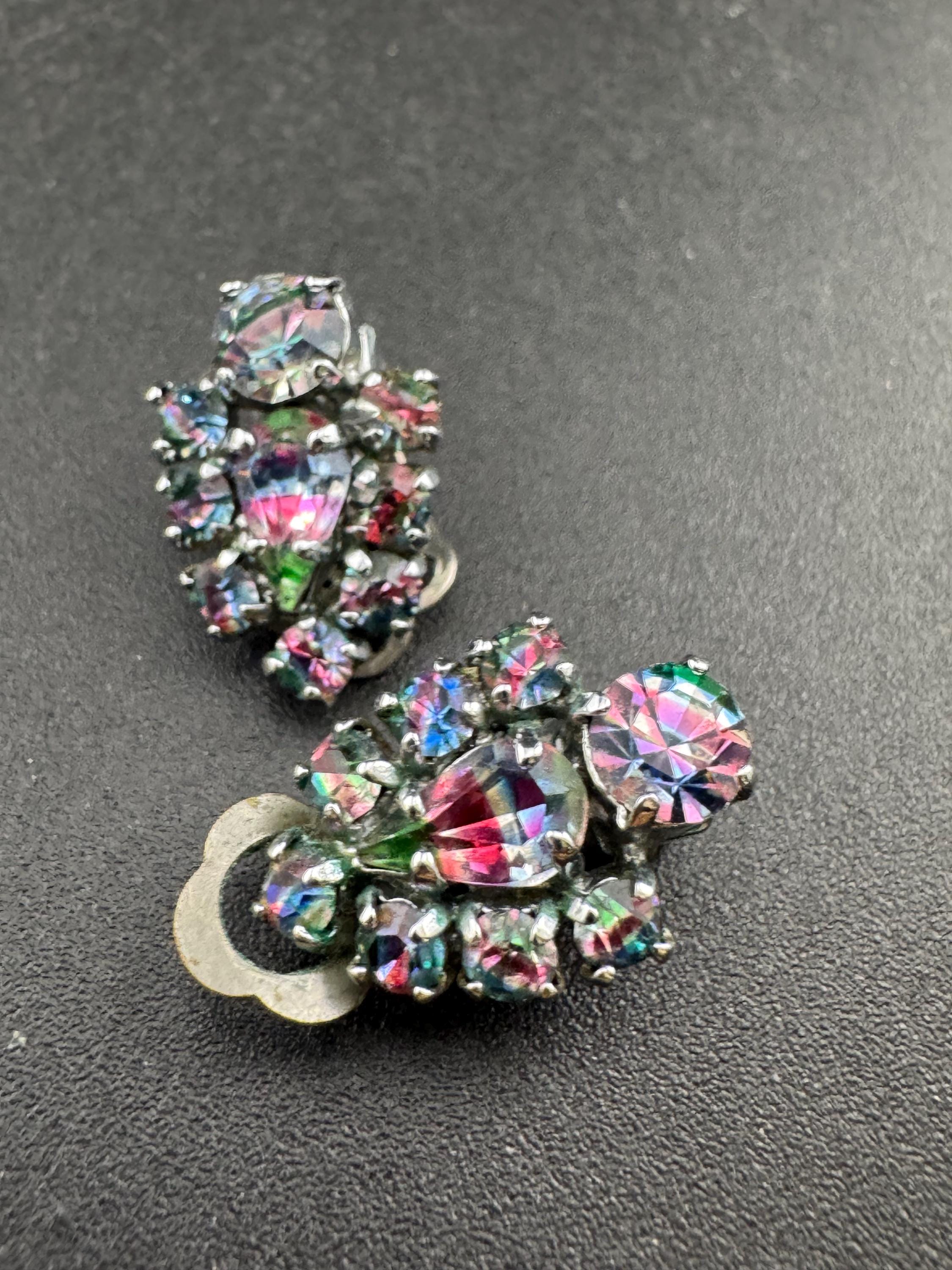 Vintage Iris Glass Clip On Earrings: Rhinestone Diamanté, 1940s Style