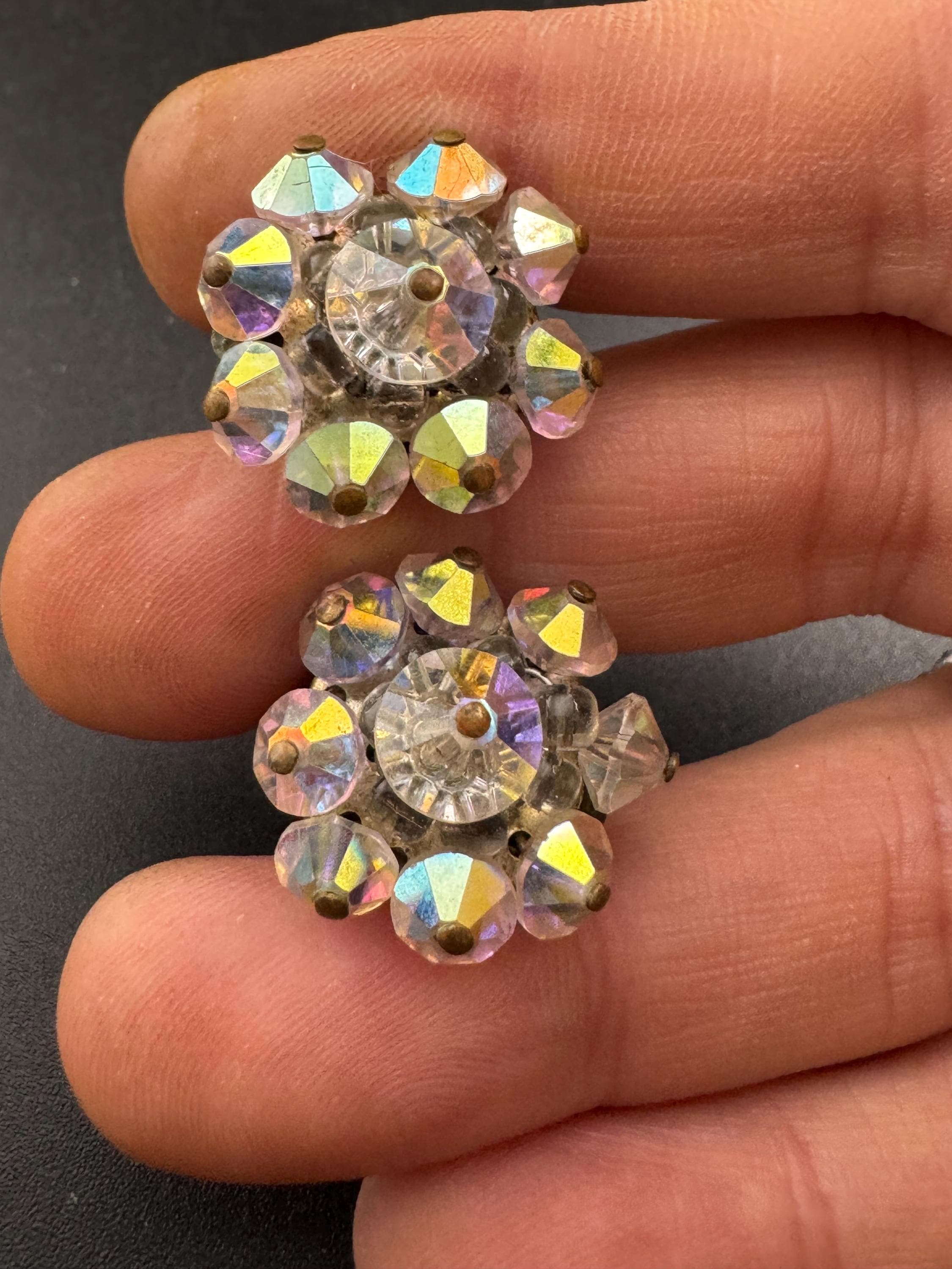 Vintage 1950s clear faceted glass beaded Cluster Clip On Earrings