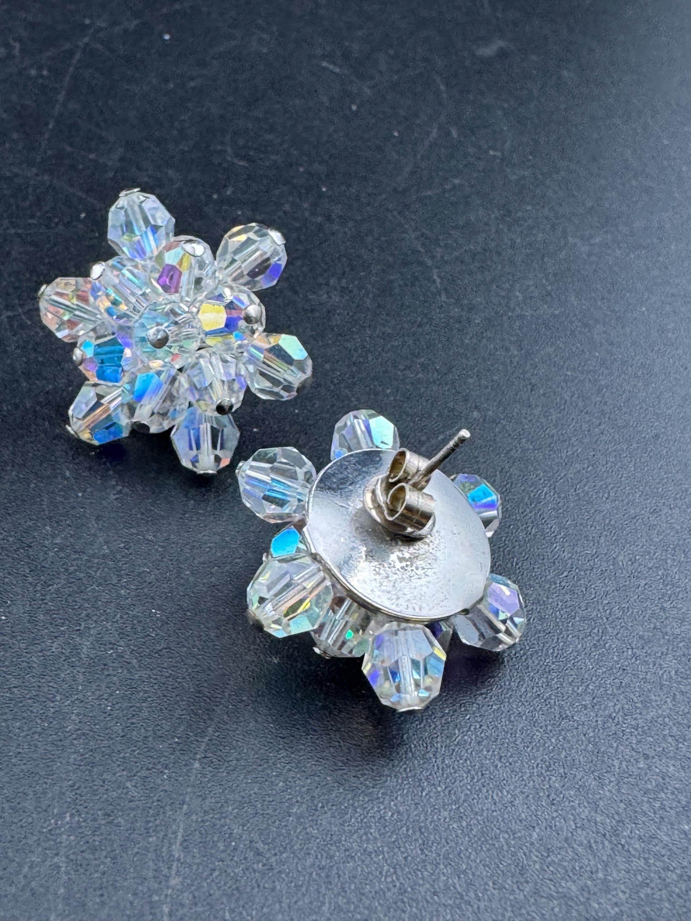 Vintage clear faceted glass beaded Cluster pierced Earrings