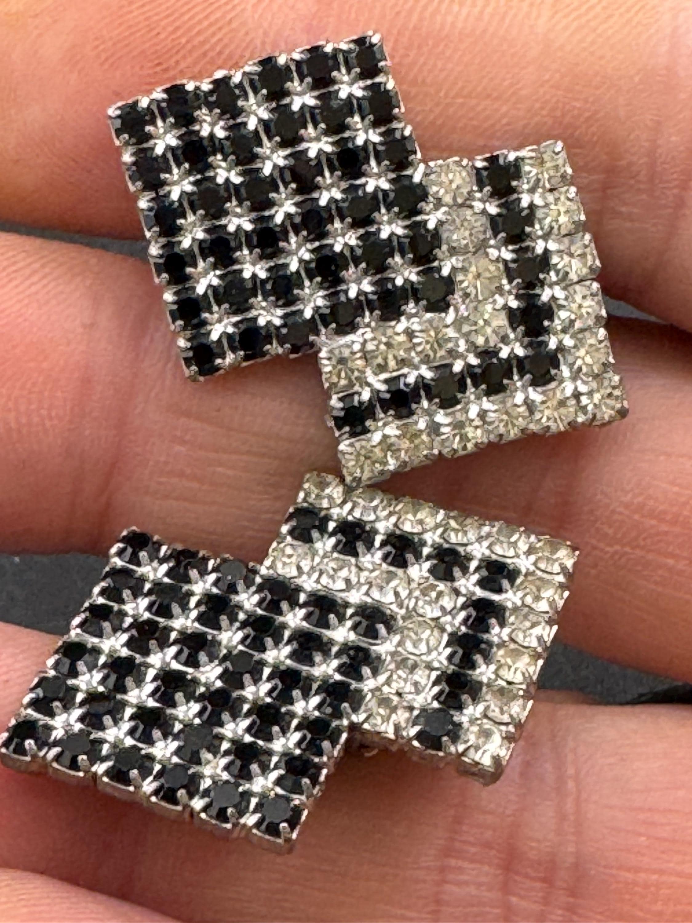 Black and clear monochrome diamanté geometric Clip On Earrings, studs silver tone