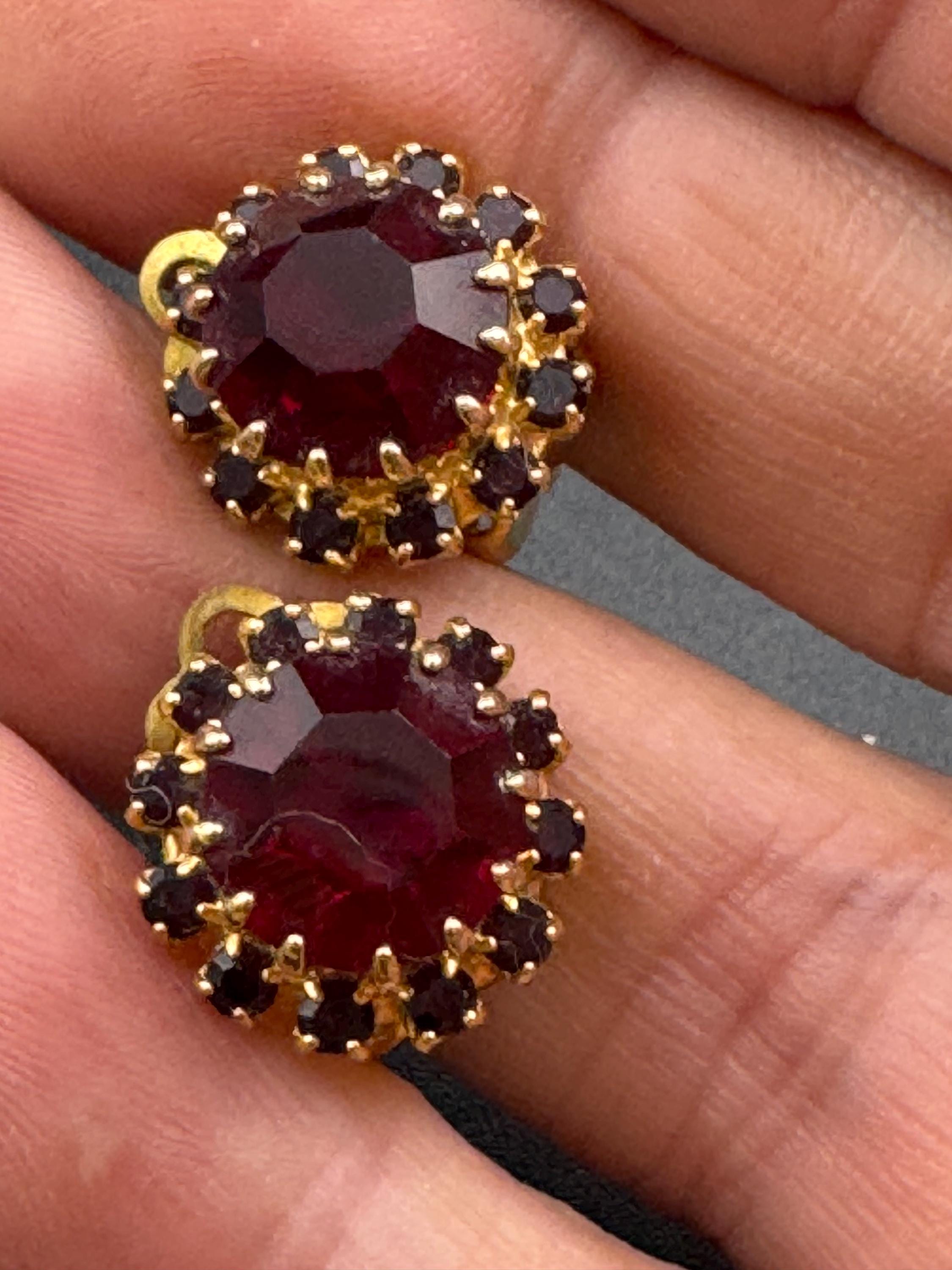 Vintage ruby diamanté glass clip on earrings, rhinestone dainty studs