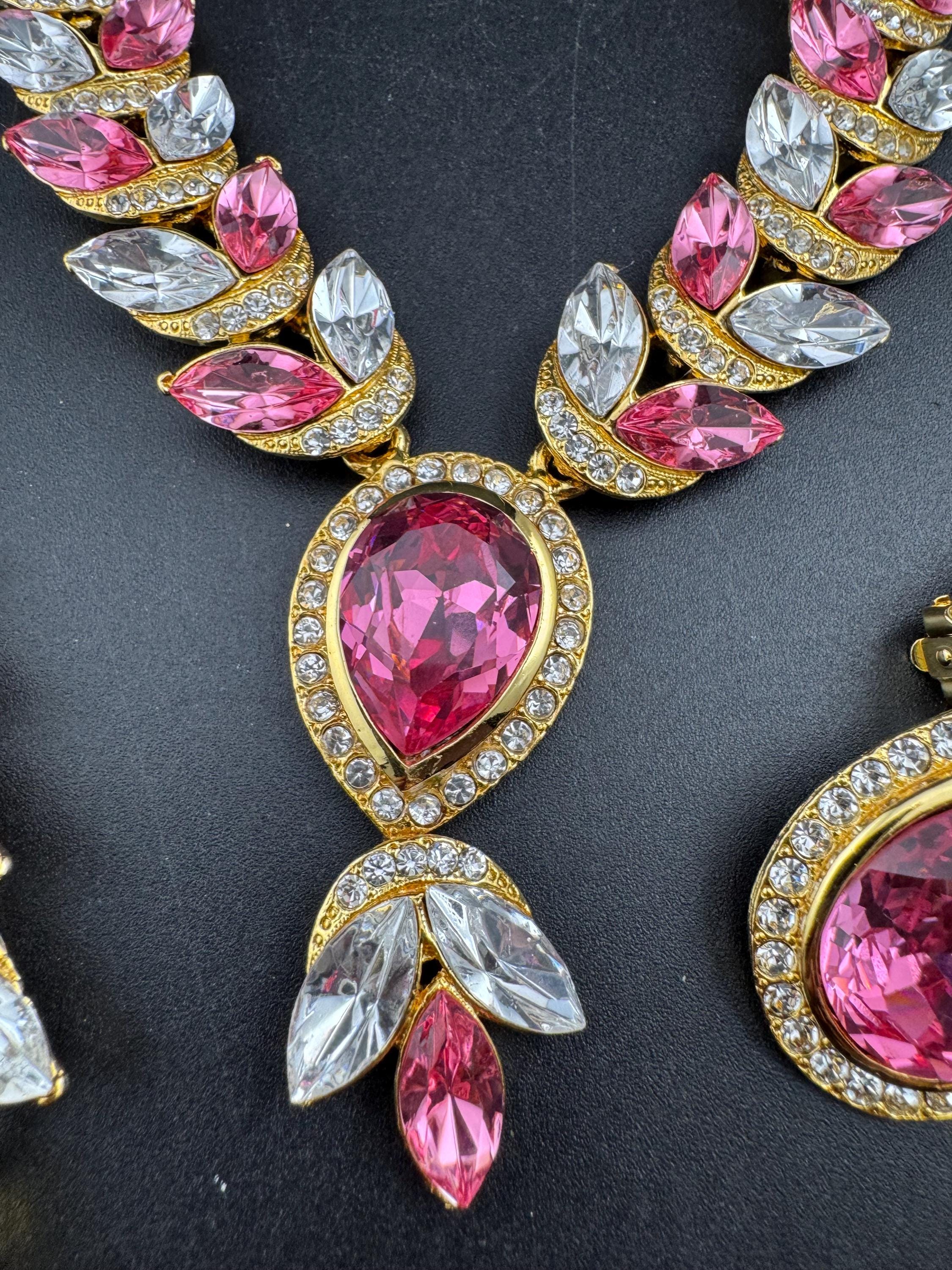 Vintage PINK Swarovski crystal jewellery set, necklace,bracelet and clip on earrings.