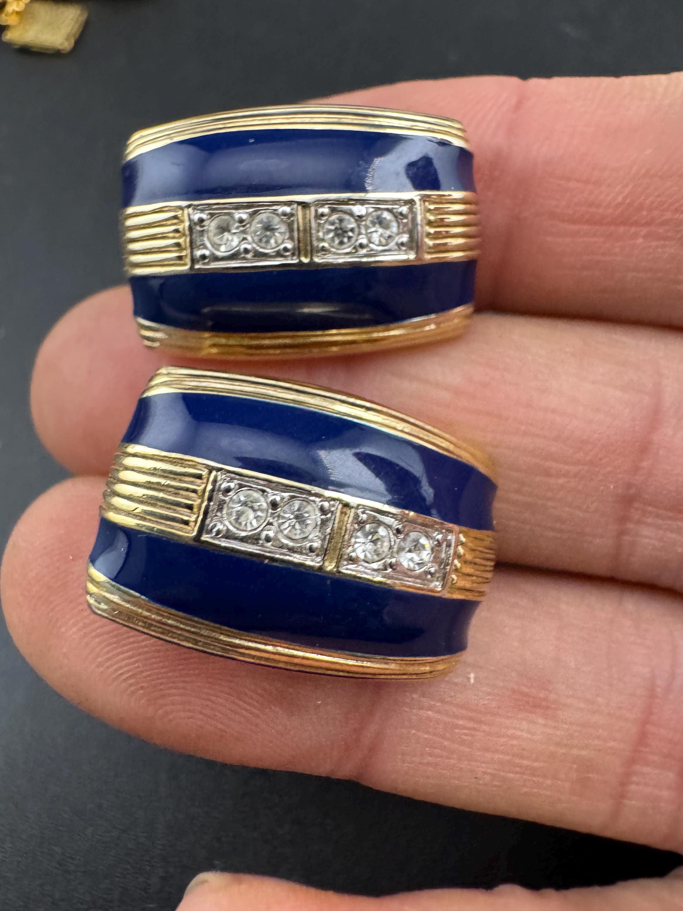 Diamanté navy blue enamel Clip On Earrings, vintage studs