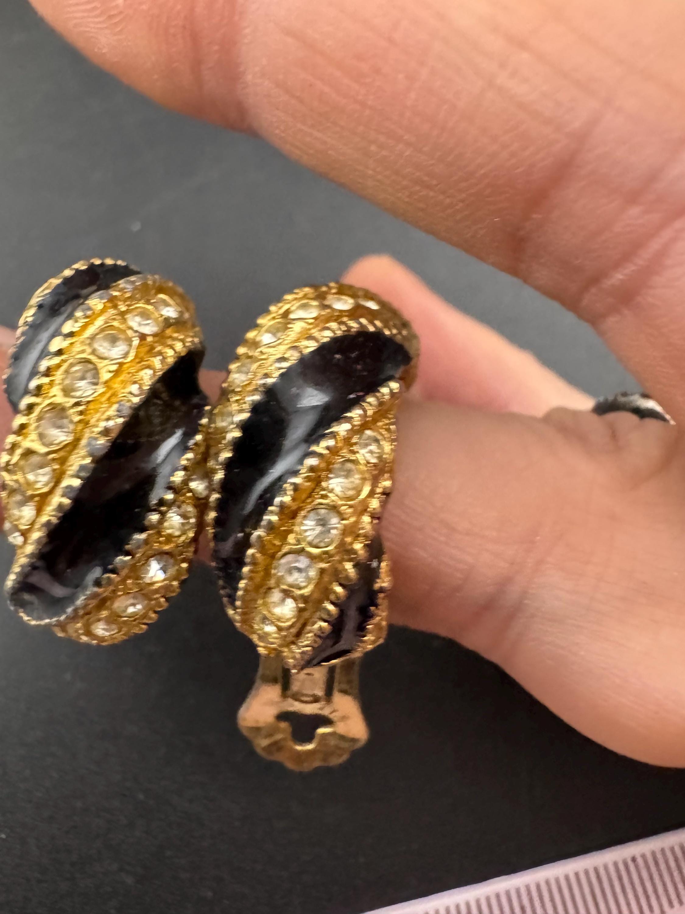 Vintage black enamel Clip On Earrings: Diamanté half hoops 1980s