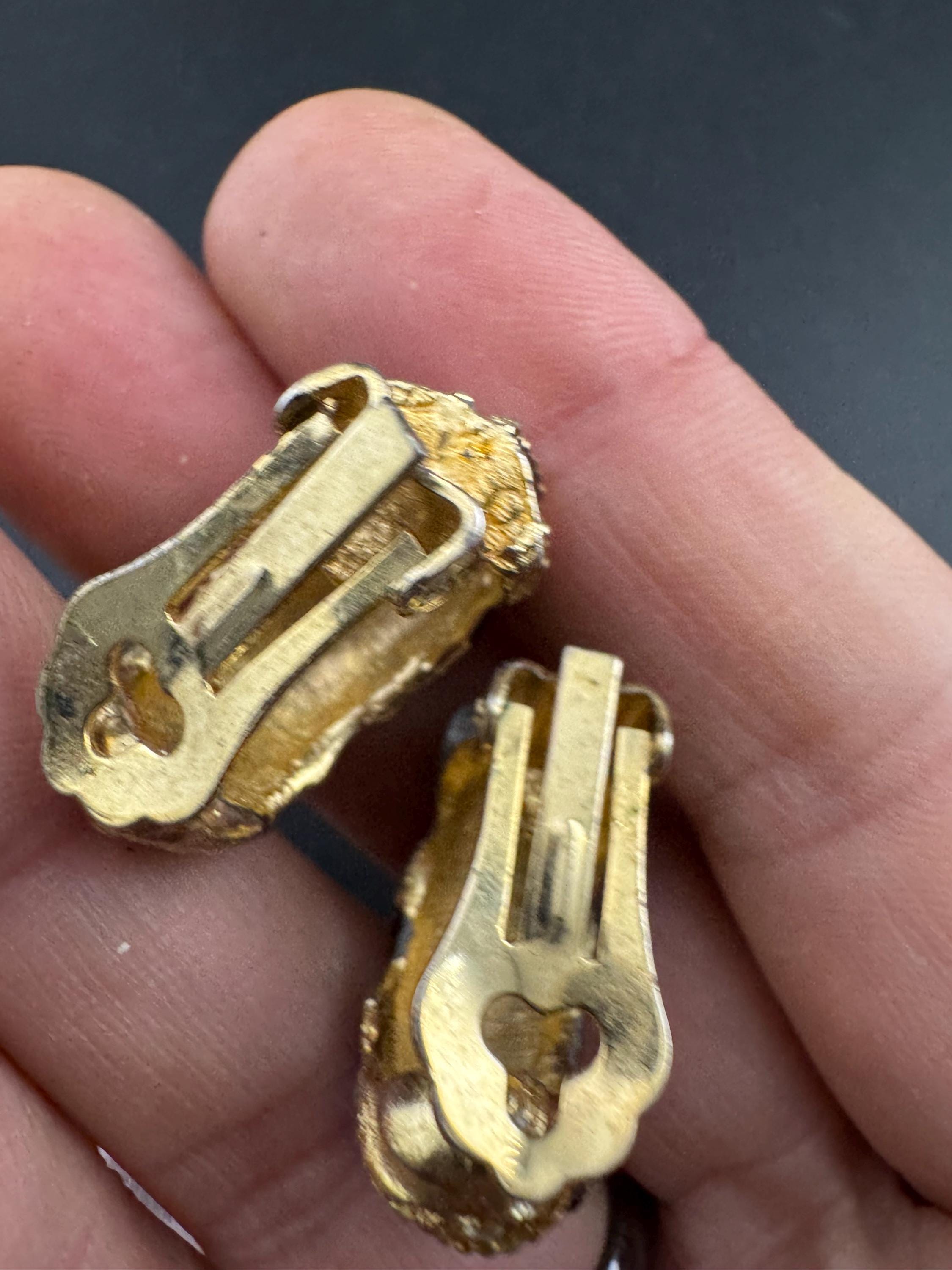 Vintage black enamel Clip On Earrings: Diamanté half hoops 1980s