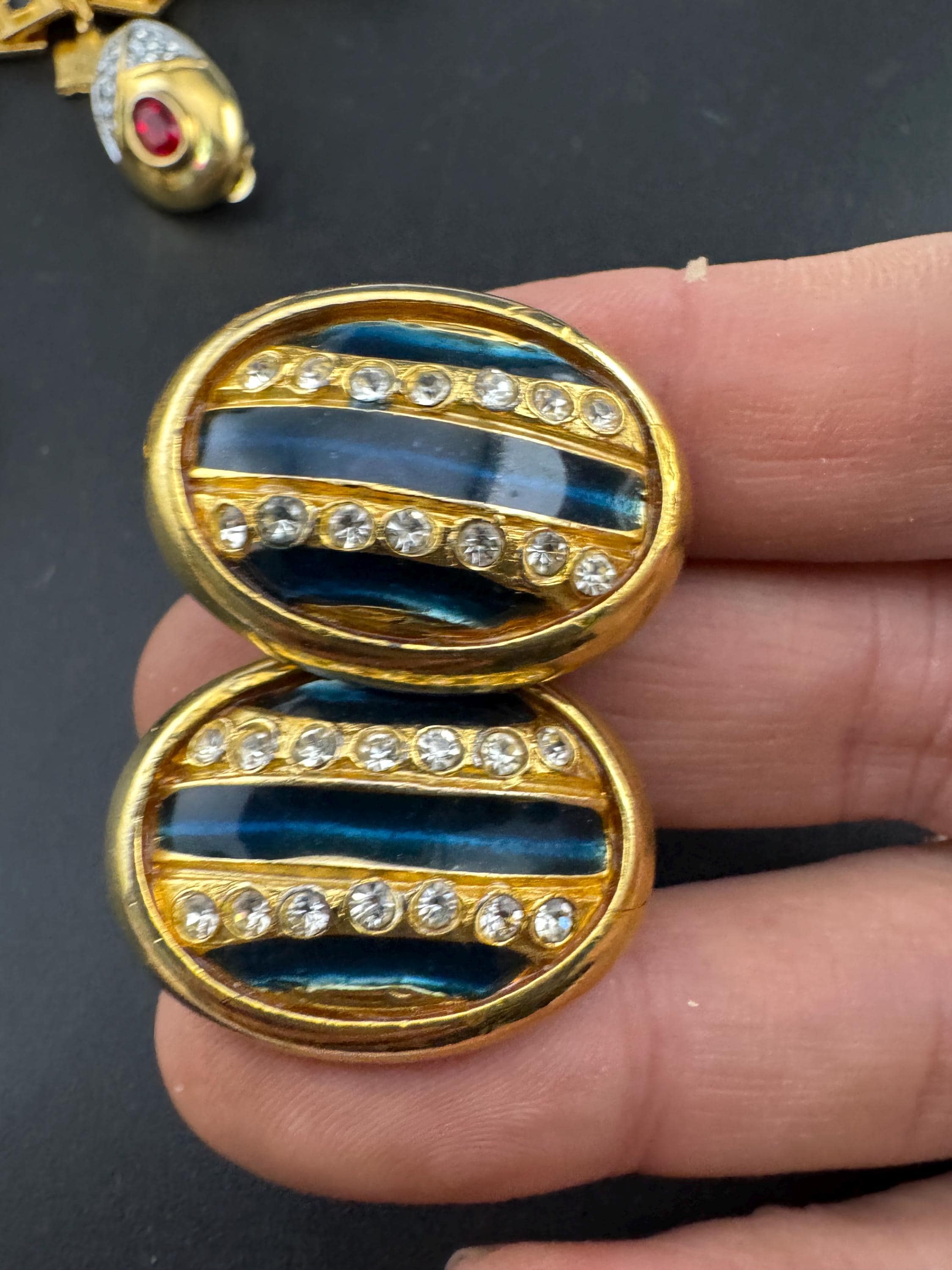 Diamanté navy blue enamel oval Clip On Earrings, vintage studs