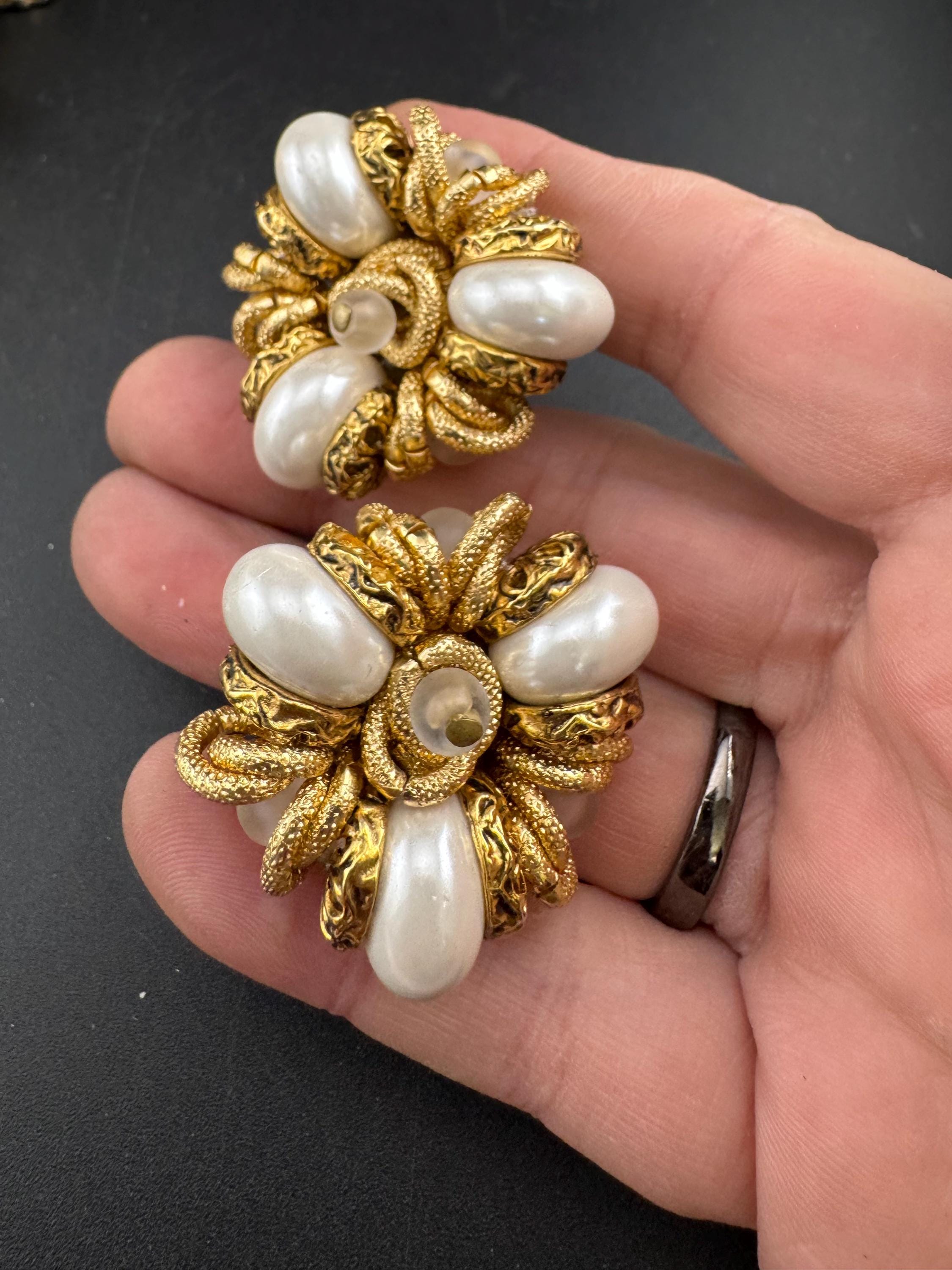 oversized cluster faux Pearl gold beaded Clip on Earrings, 3.5cm designer style