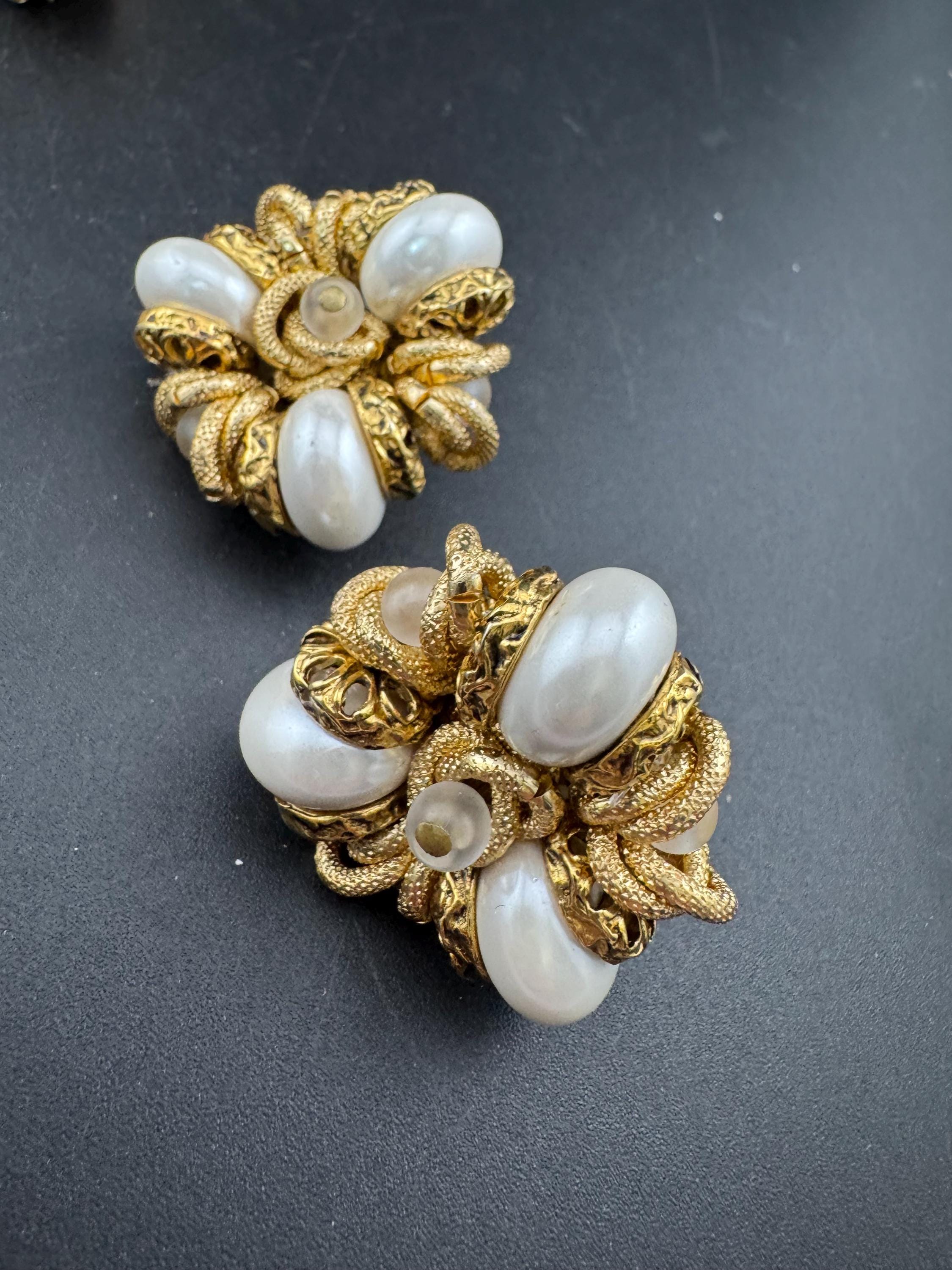 oversized cluster faux Pearl gold beaded Clip on Earrings, 3.5cm designer style
