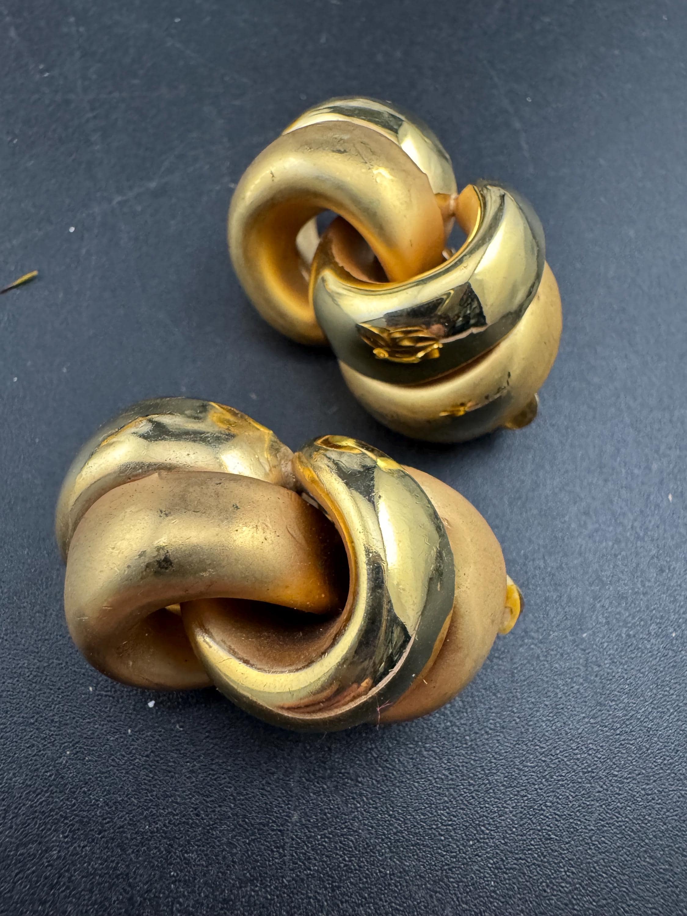 Oversized swirl knot clip on earrings,  Vintage Matt gold tone