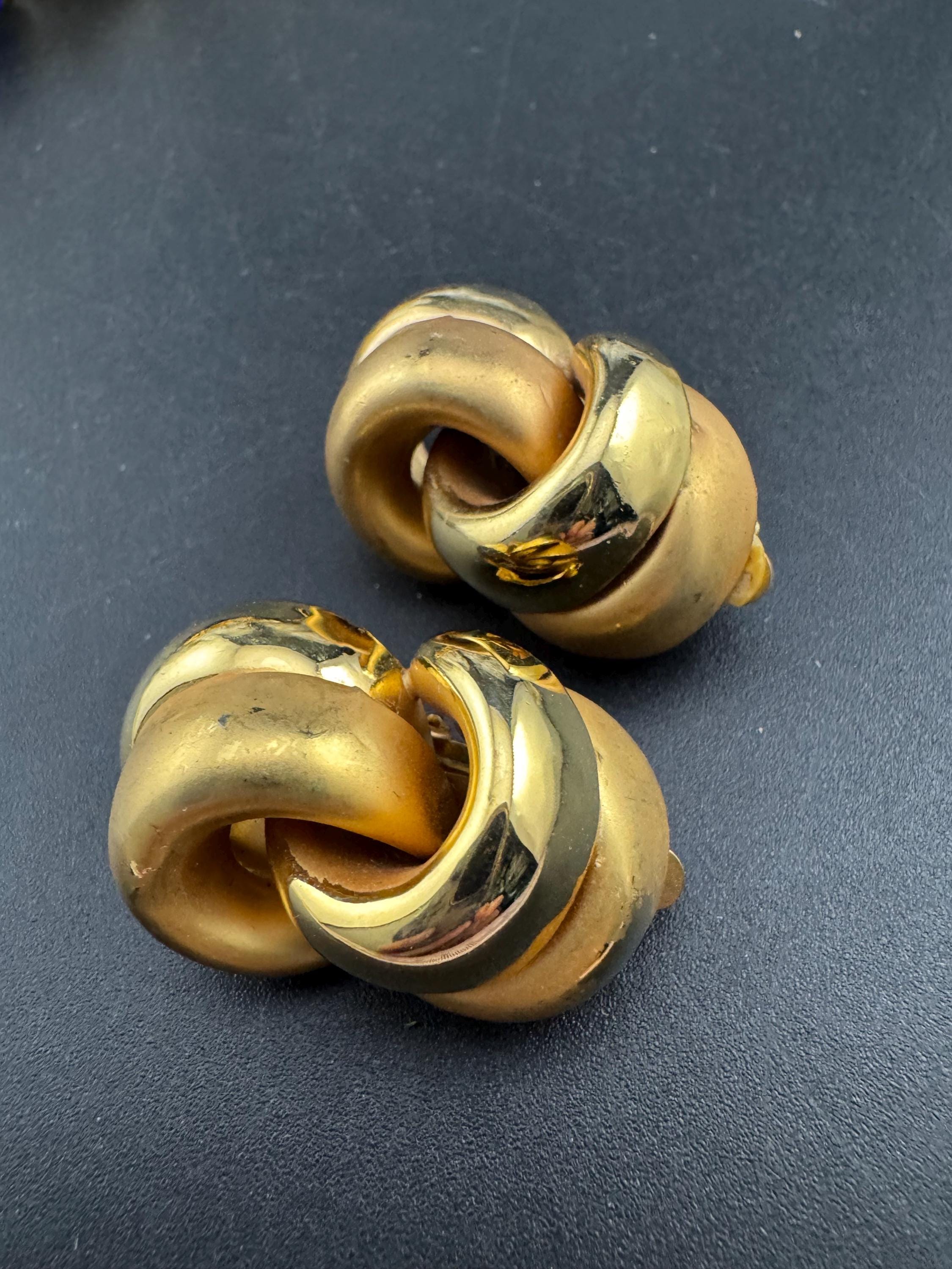 Oversized swirl knot clip on earrings,  Vintage Matt gold tone