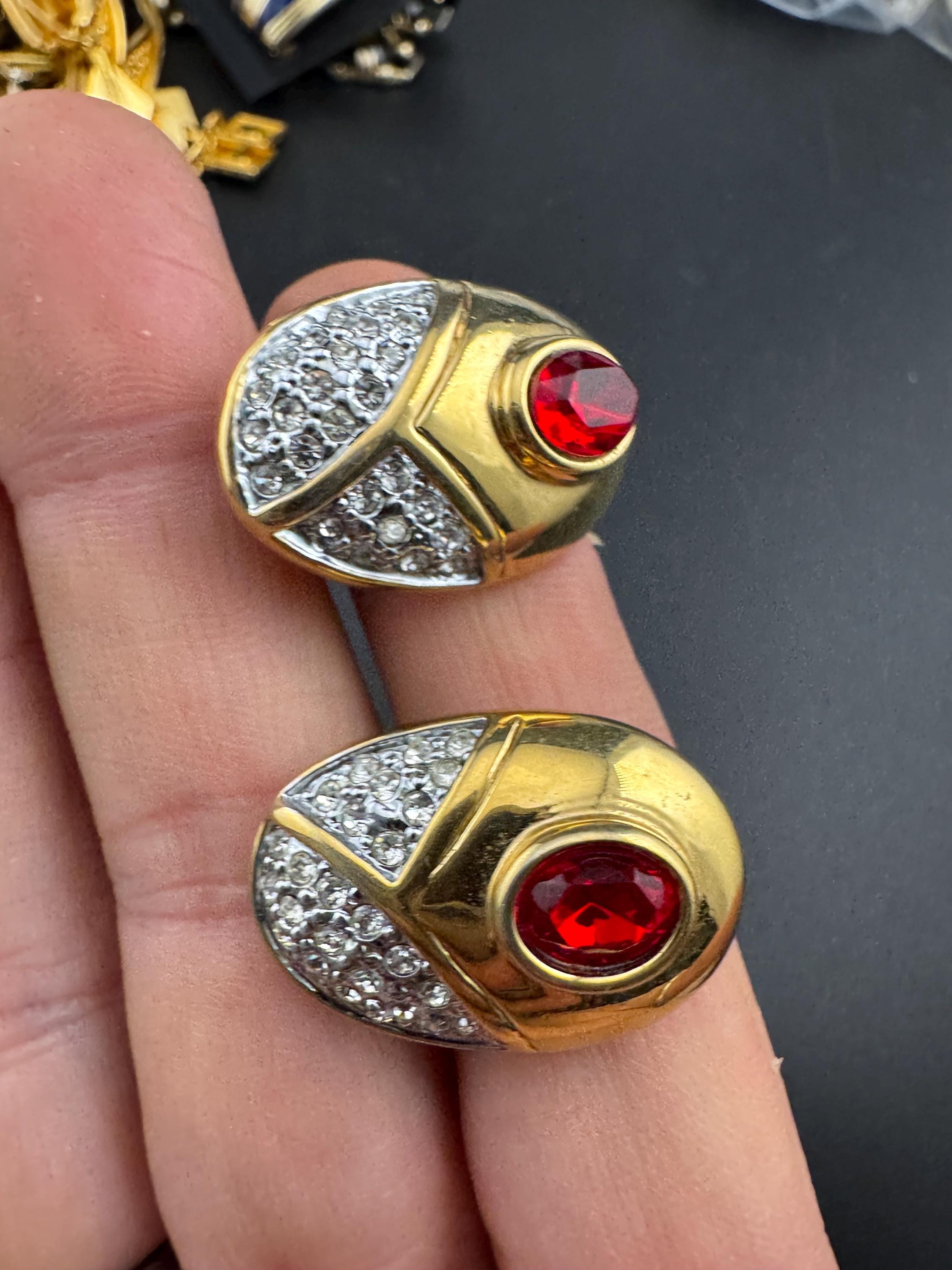 Vintage 1980s Clip On rhinestone Earrings: Gold Tone Red Cabochon, Gripoix Style