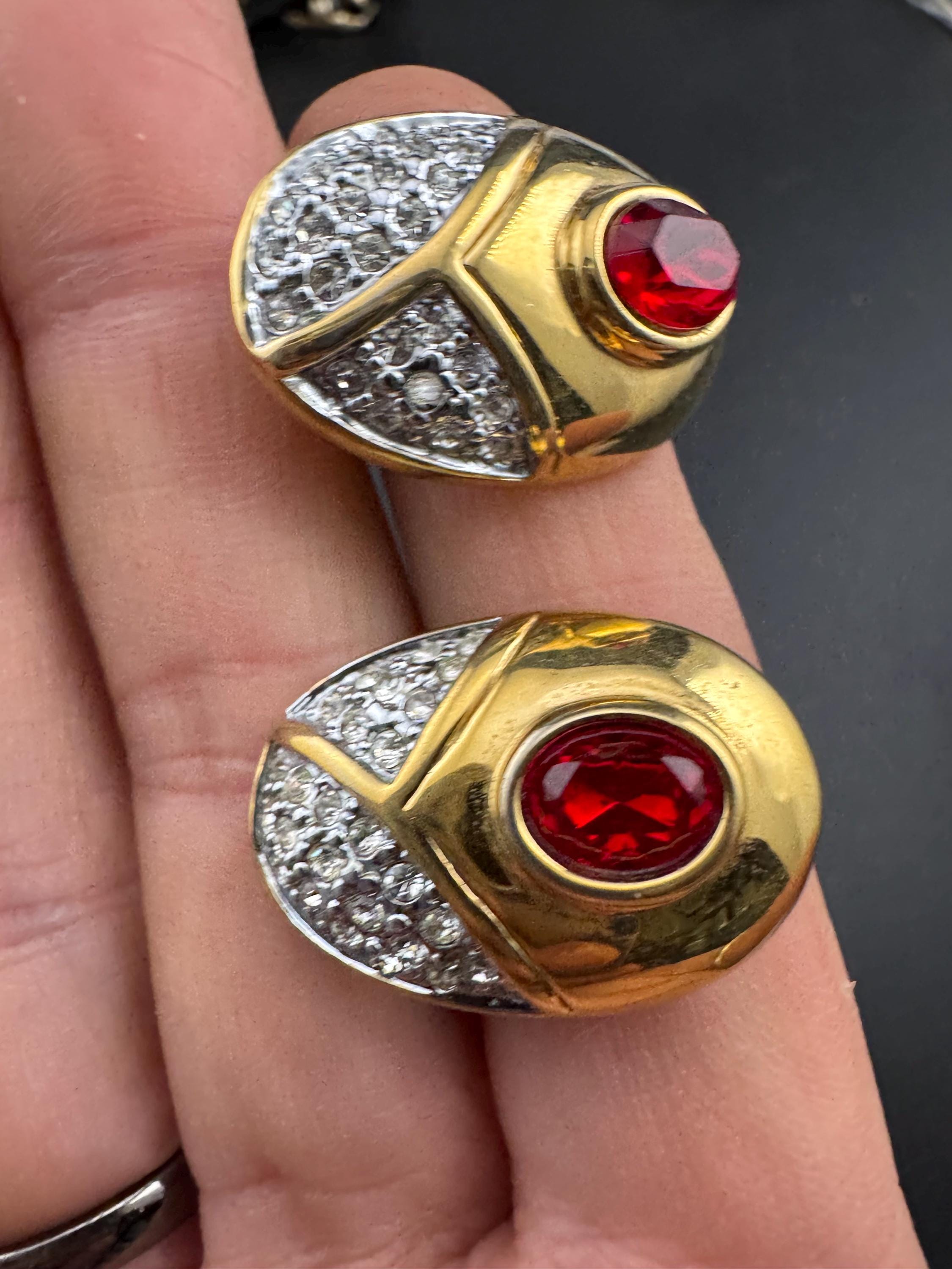 Vintage 1980s Clip On rhinestone Earrings: Gold Tone Red Cabochon, Gripoix Style