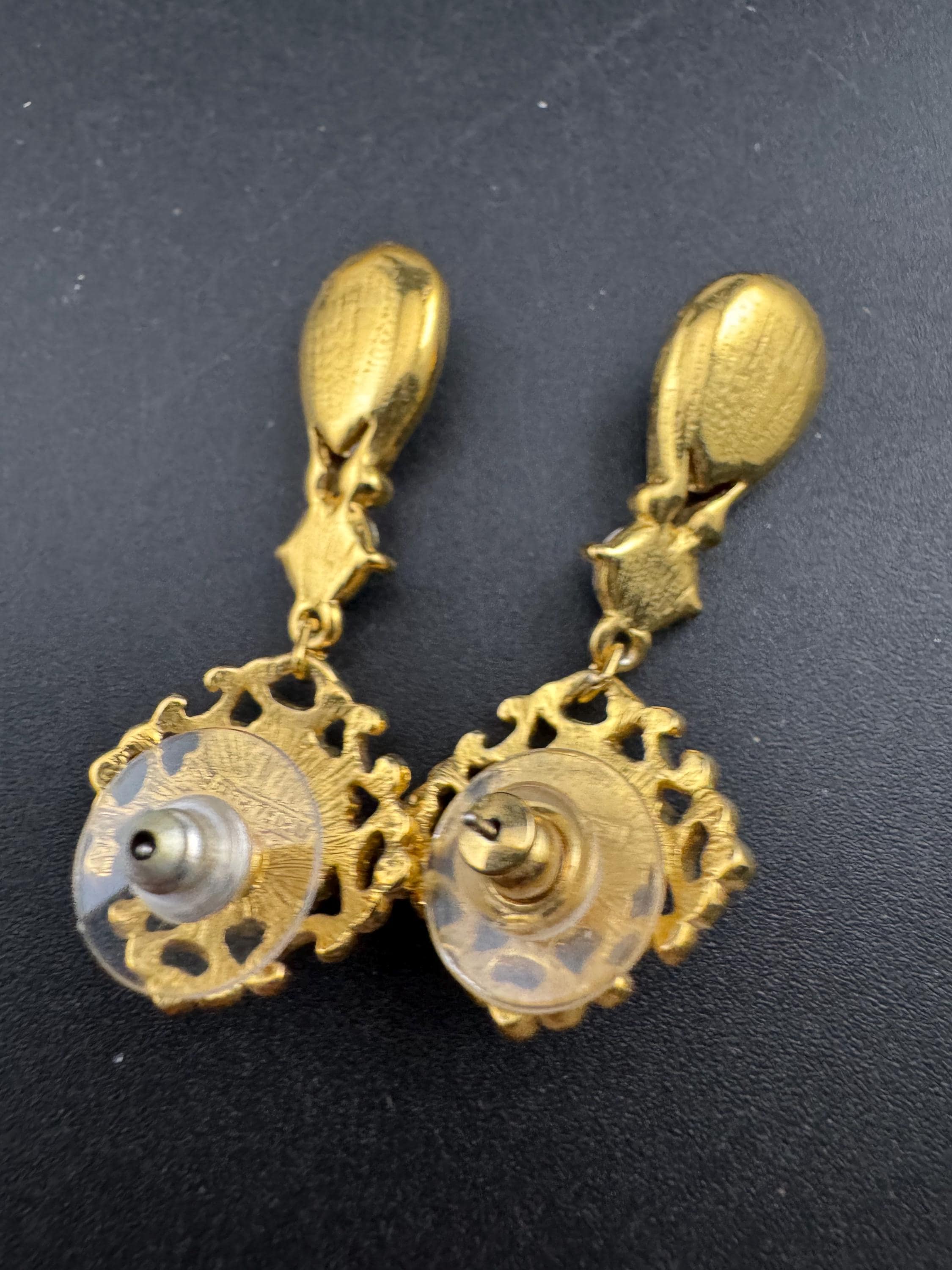 Vintage blue Red Green Cabochon pierced dangly Earrings: Gold Tone Dangle, 1990s