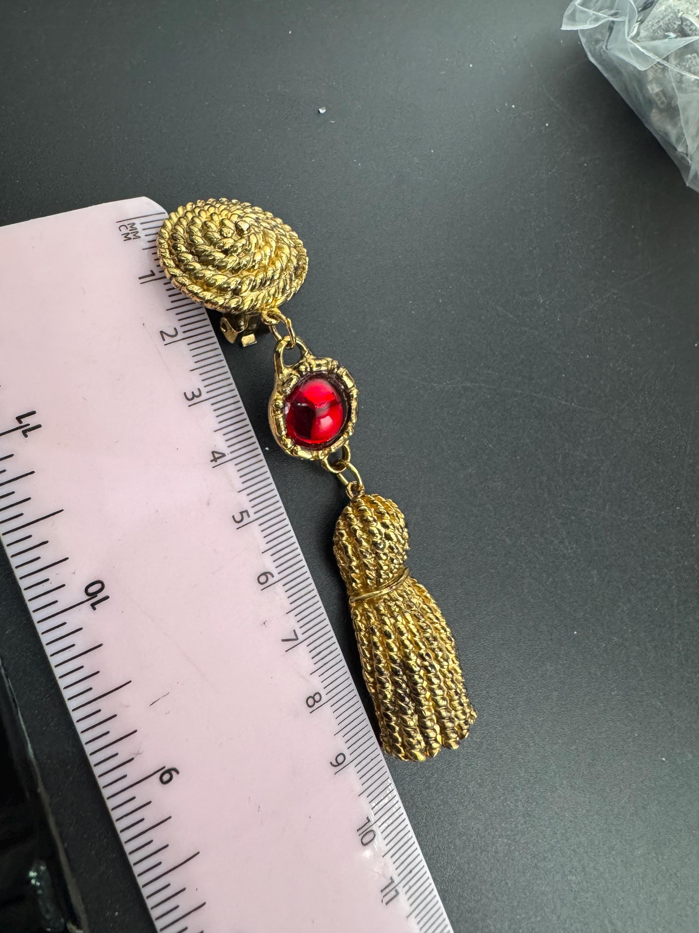 Vintage Ruby cabochon and gold tassel dangly clip on earrings, 9cm long