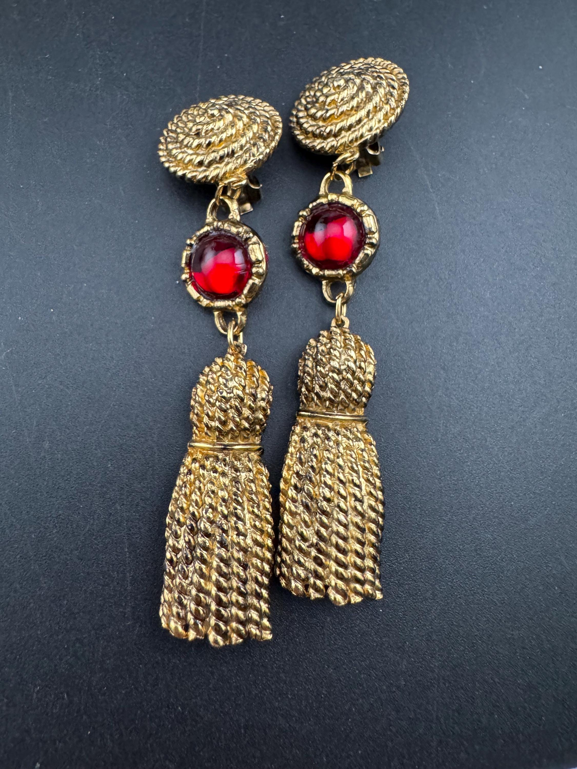 Vintage Ruby cabochon and gold tassel dangly clip on earrings, 9cm long