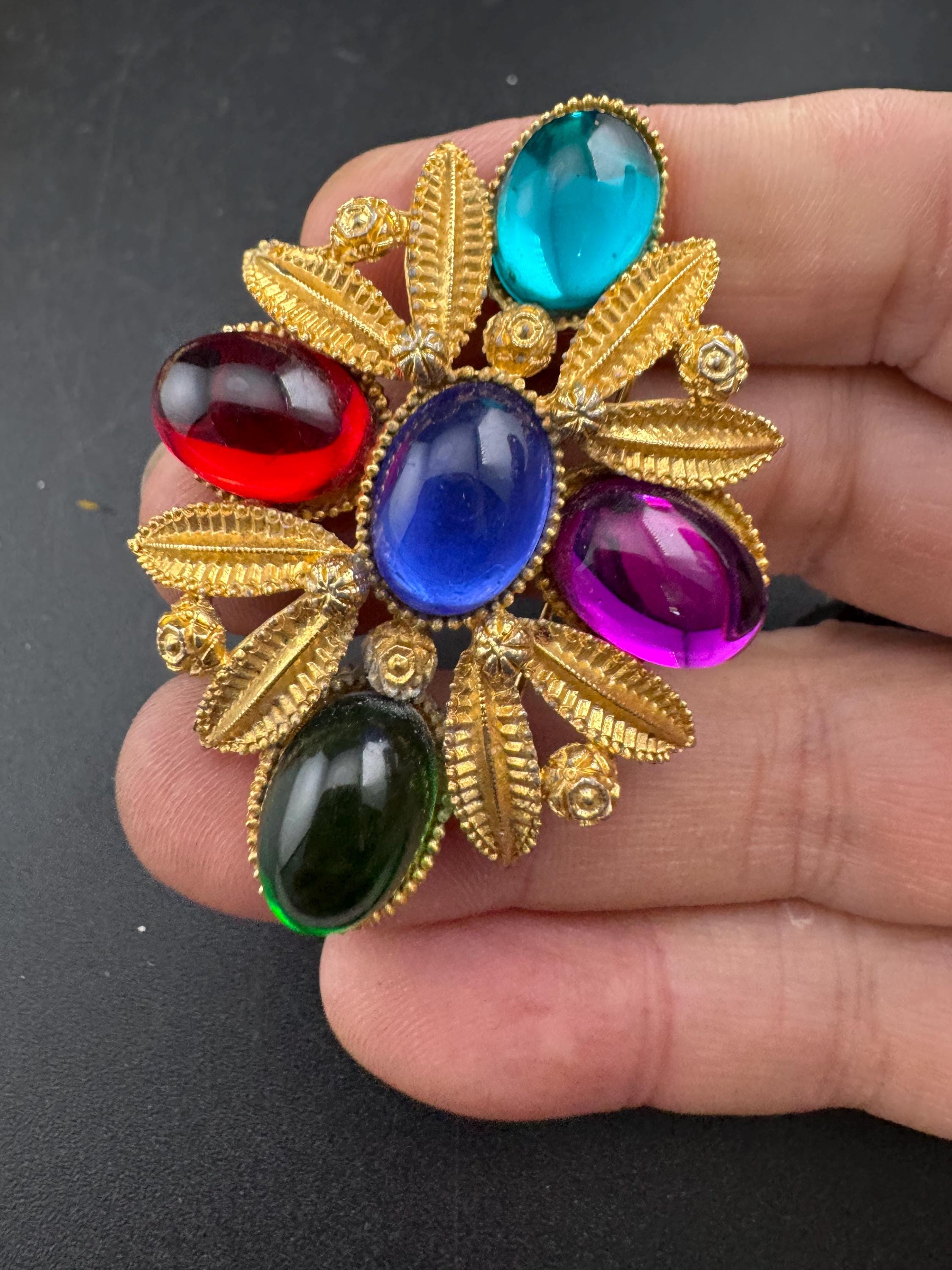 Vintage Oversized Gold Tone Brooch, Red Blue & Green purple Cabochon