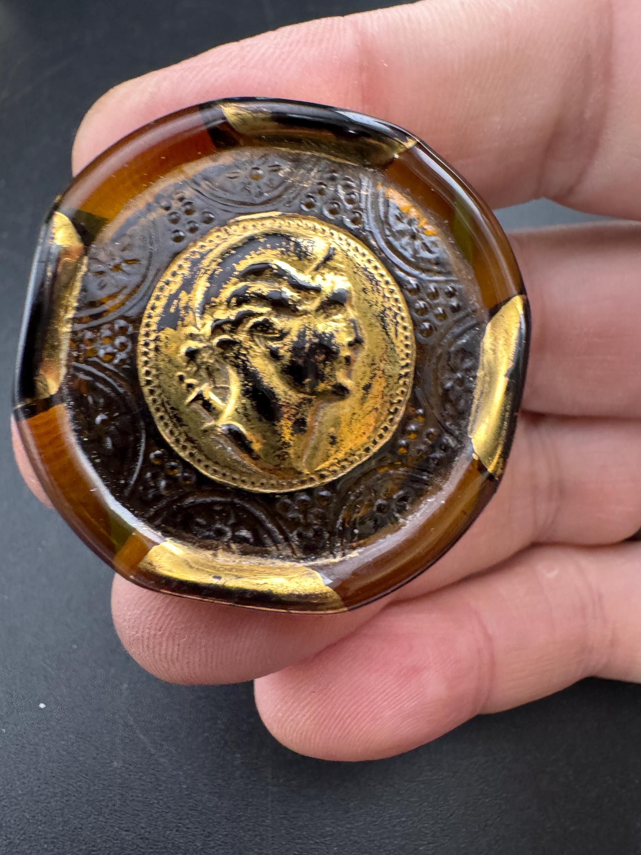 Stylish brown glass Roman coin brooch, vintage Aphrodite Italian style