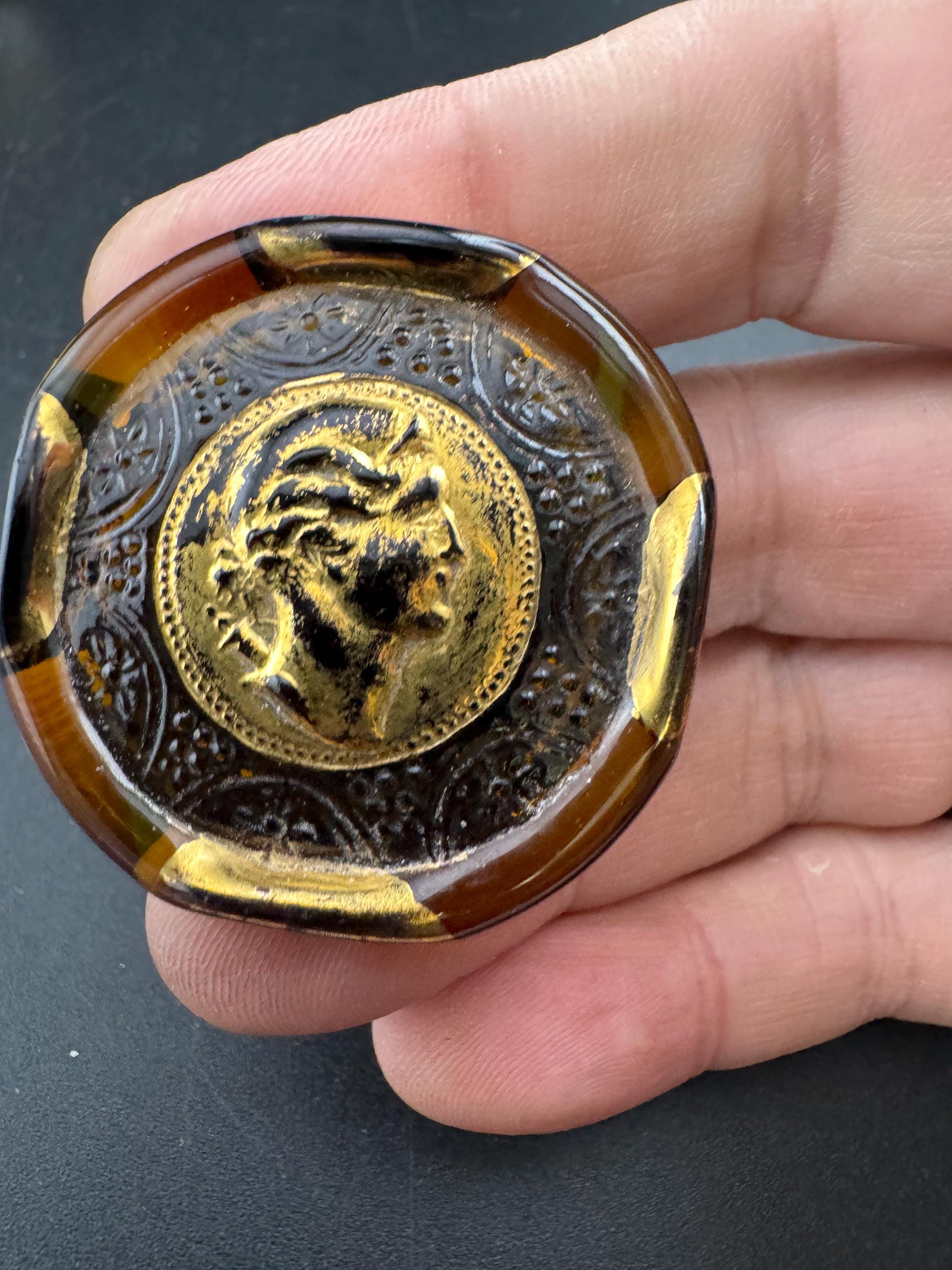 Stylish brown glass Roman coin brooch, vintage Aphrodite Italian style