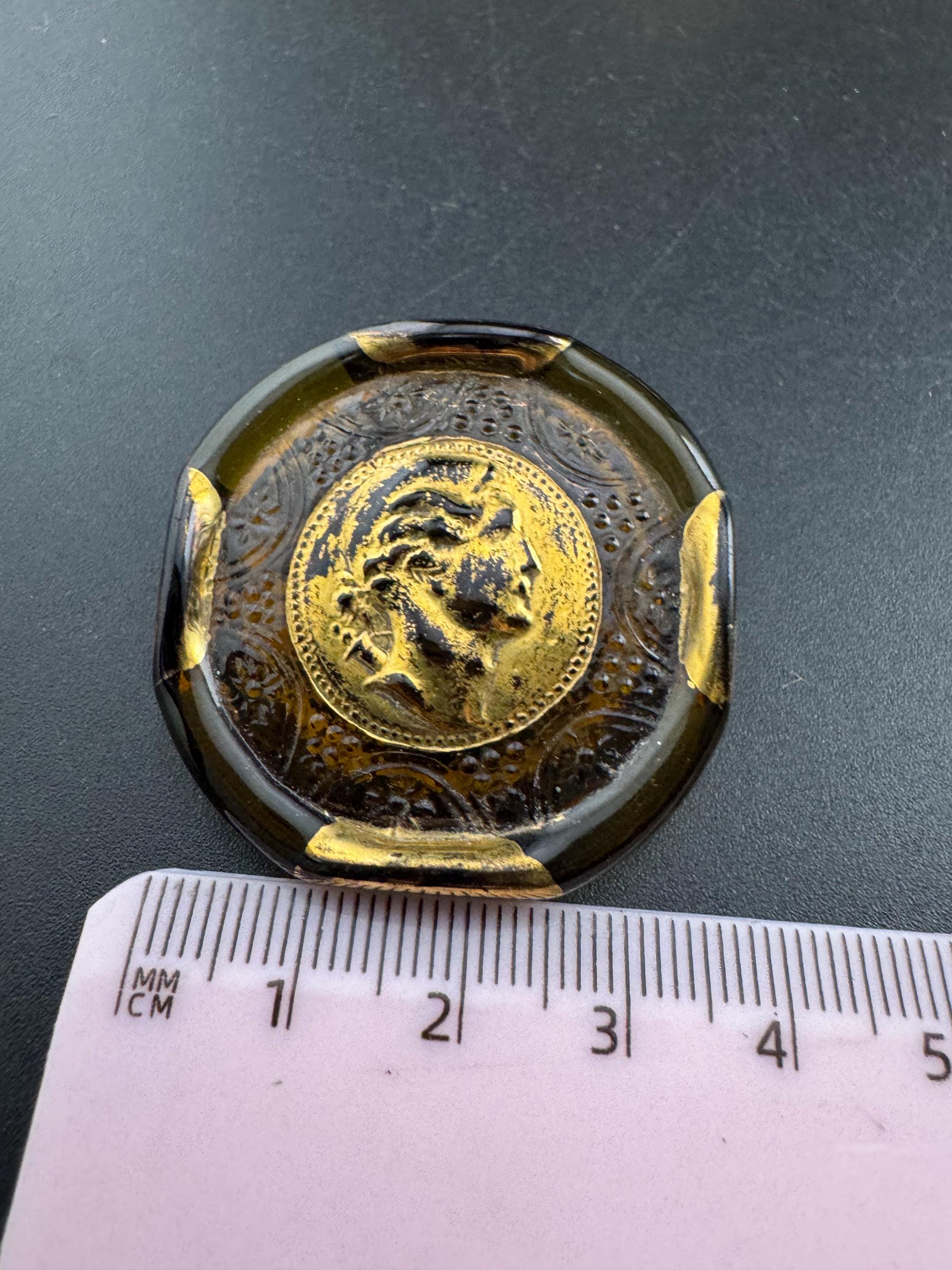 Stylish brown glass Roman coin brooch, vintage Aphrodite Italian style