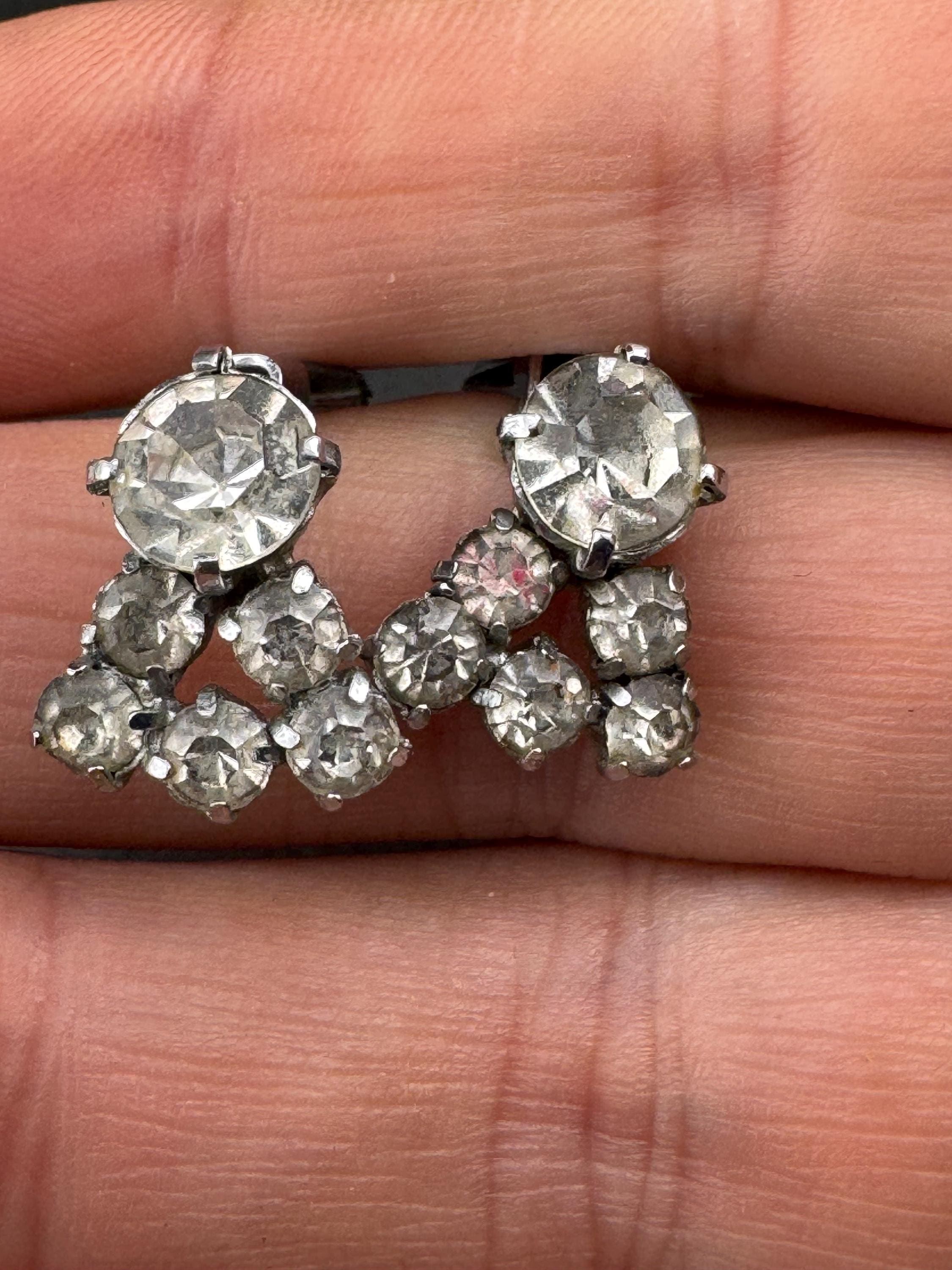 Small vintage clear Diamanté Rhinestone Clip On Earrings,  mid century studs