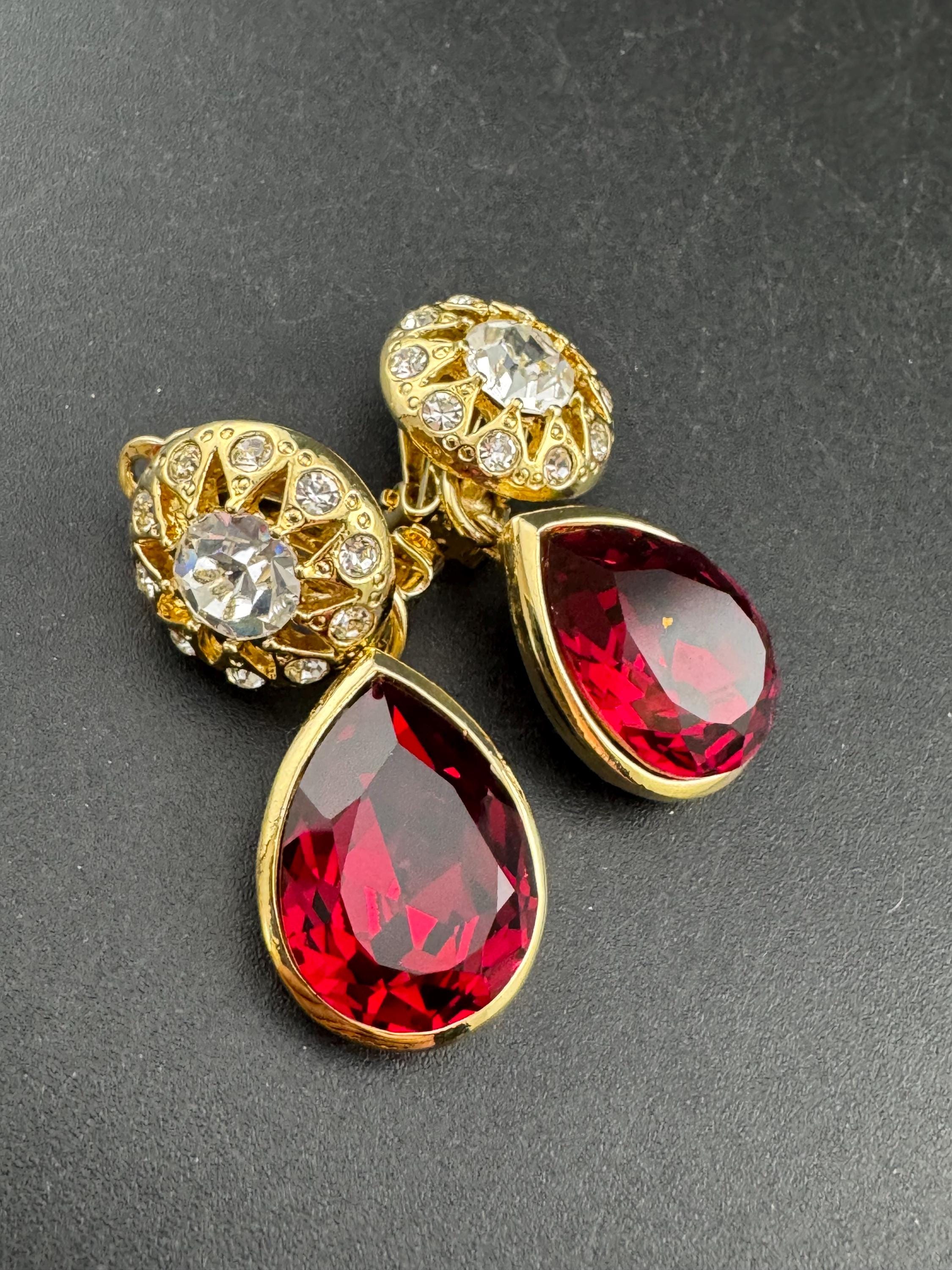 Red ruby teardrop Crystal clip on dangly Earrings: Swarovski, Gold Tone, 1980s Stock