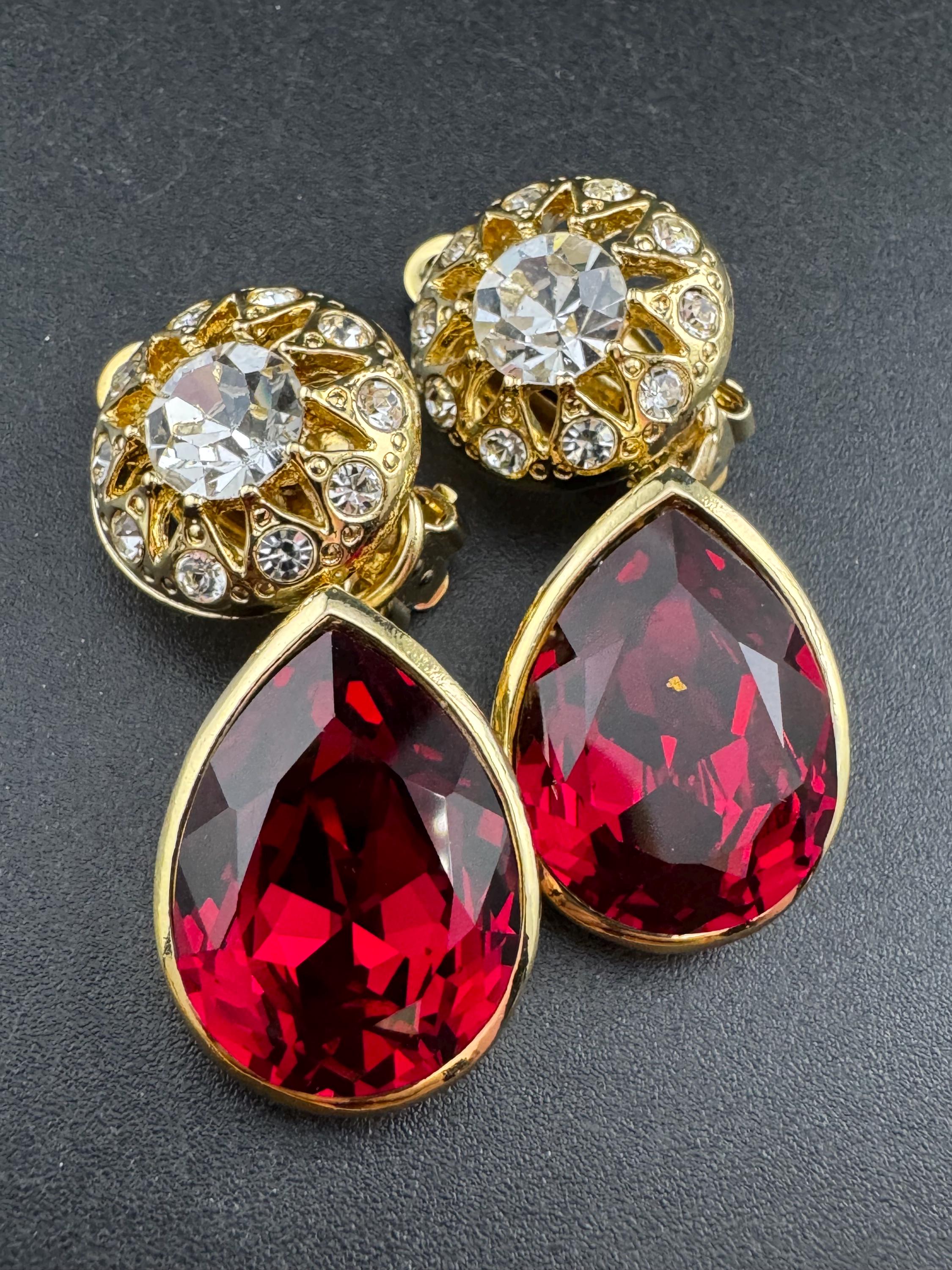 Red ruby teardrop Crystal clip on dangly Earrings: Swarovski, Gold Tone, 1980s Stock