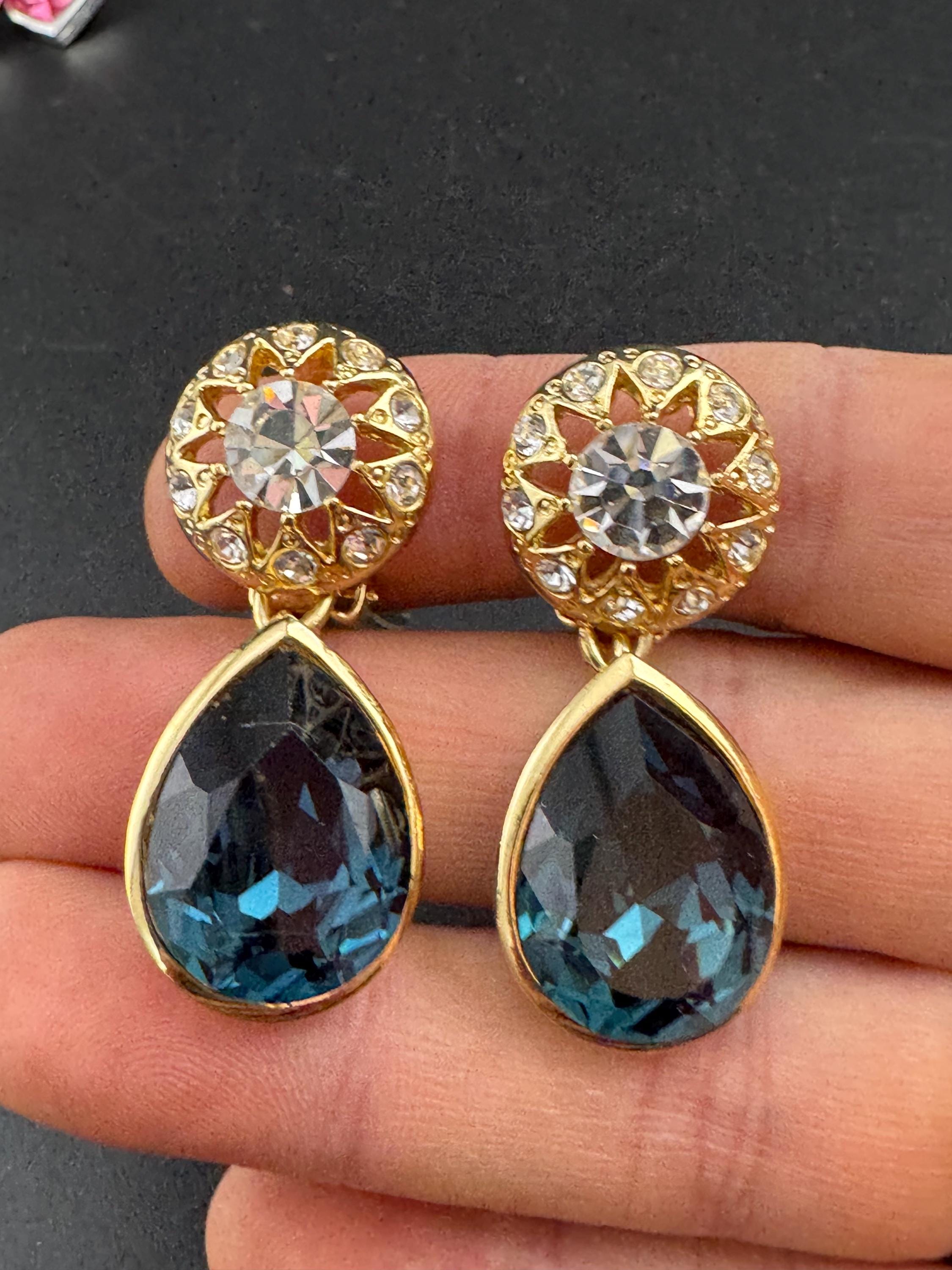 Sapphire blue teardrop Crystal clip on dangly Earrings: Swarovski, Gold Tone, 1980s Stock